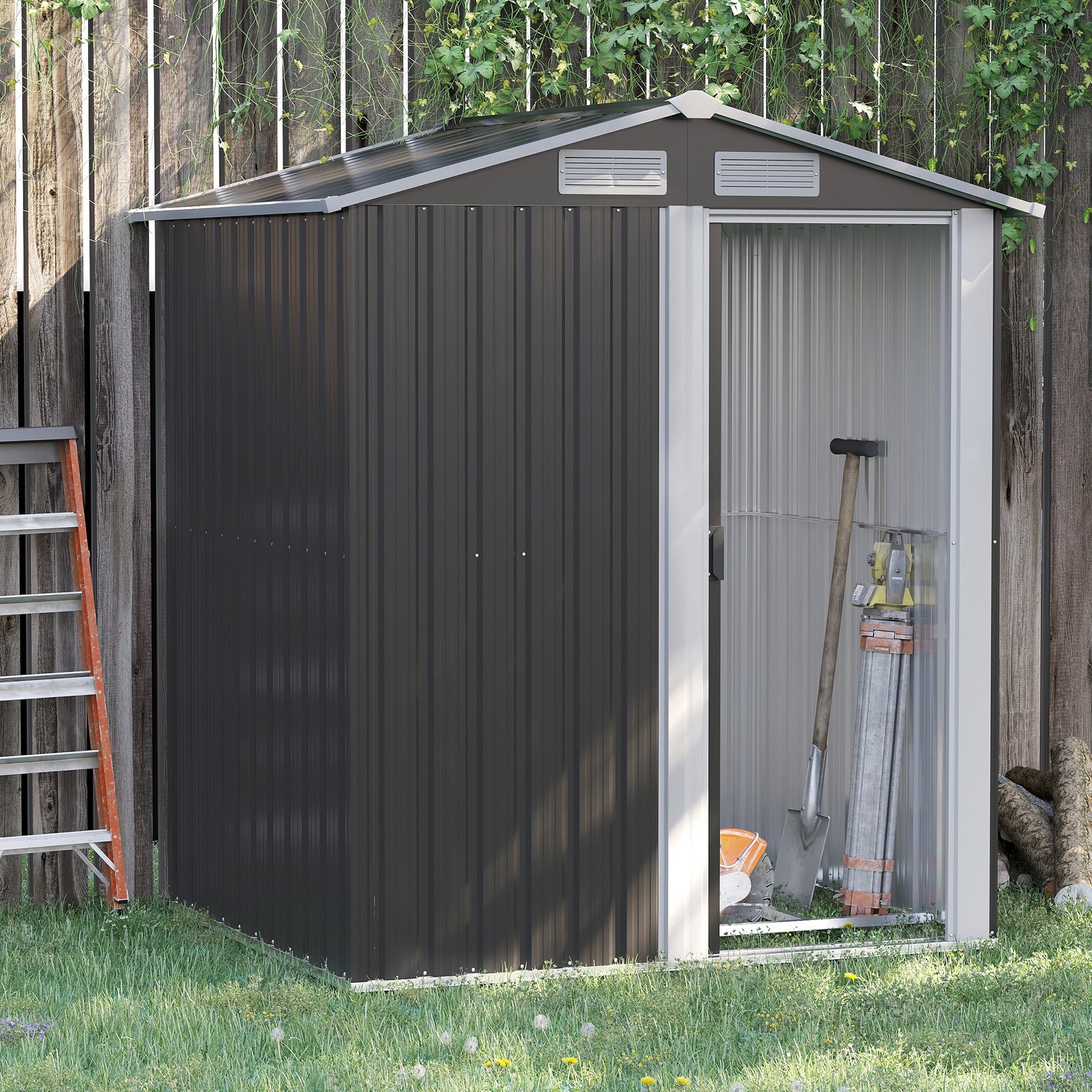 Outdoor Metal Storage Shed With Sliding Door Sloped Roof | Gray