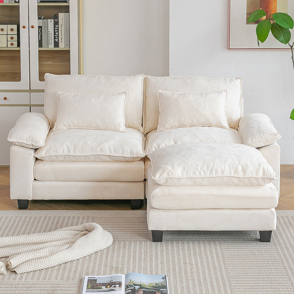 Chenille Sectional Sofa With Ottoman And Lumbar Pillows | White