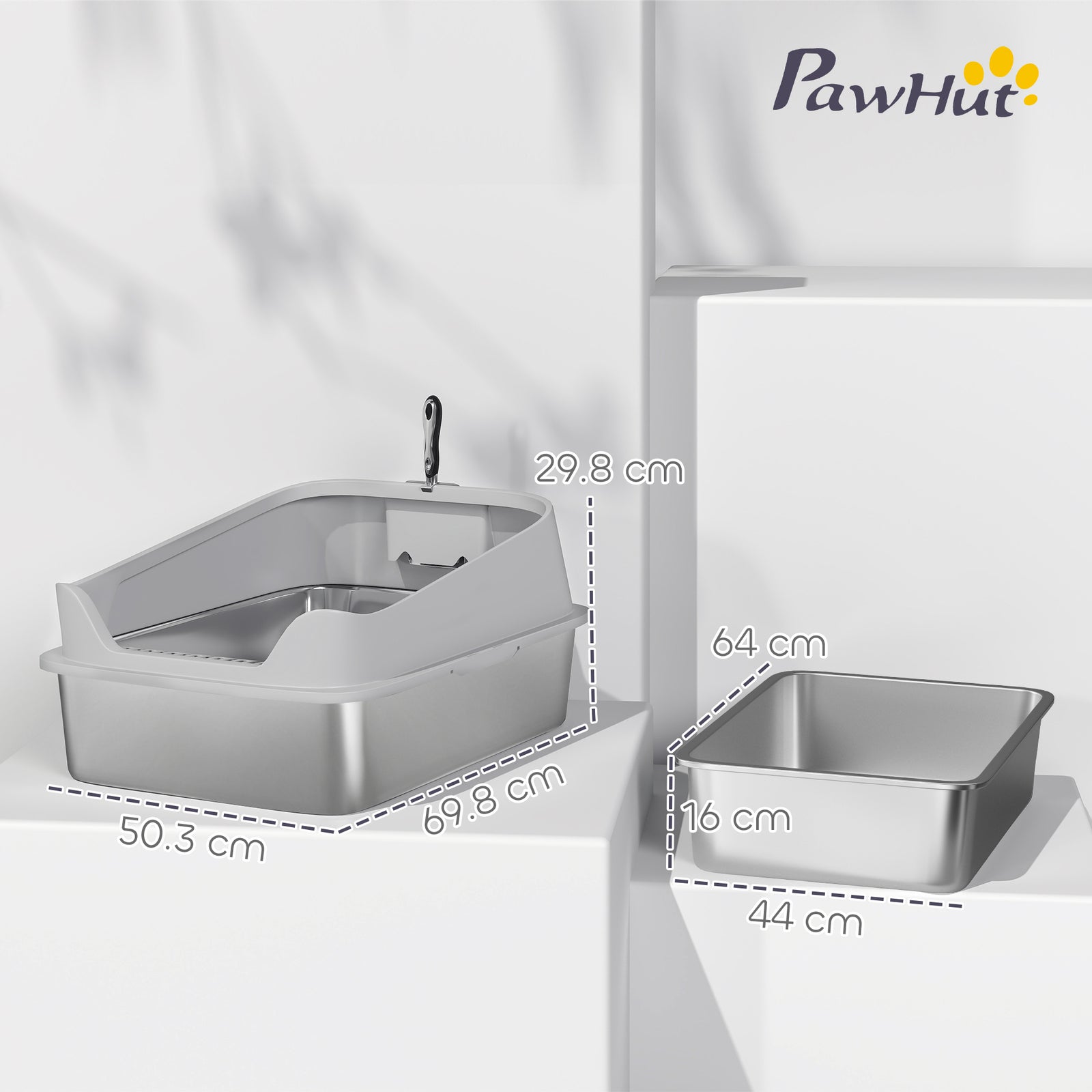 Xxl Stainless Steel Cat Litter Box With High Sides, 70 X 50 X 30 Cm | Grey