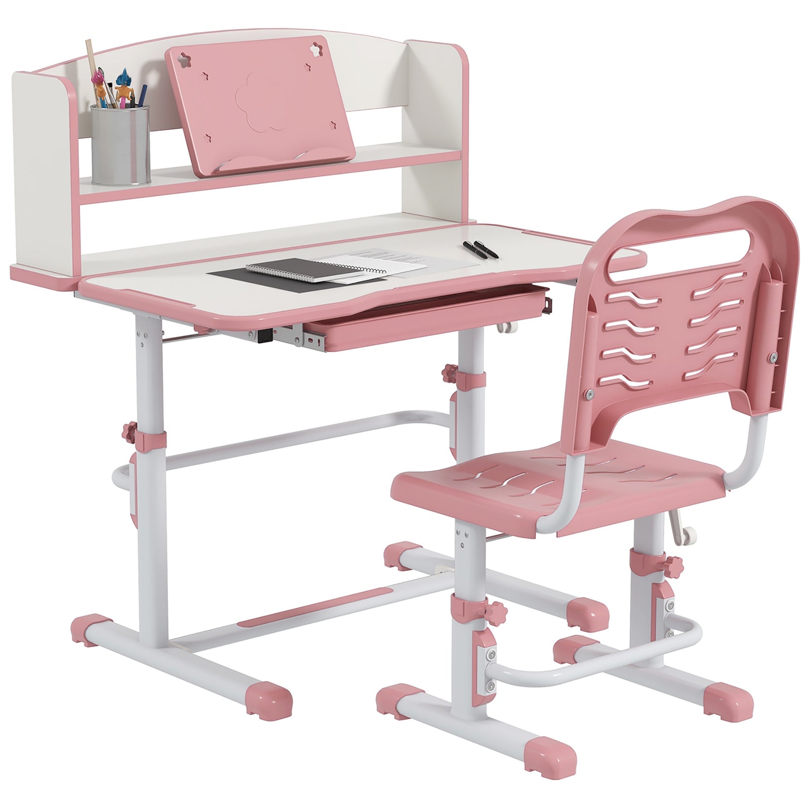 Height Adjustable Kids Desk And Chair Set, With Drawer, Bookshelf | Pink