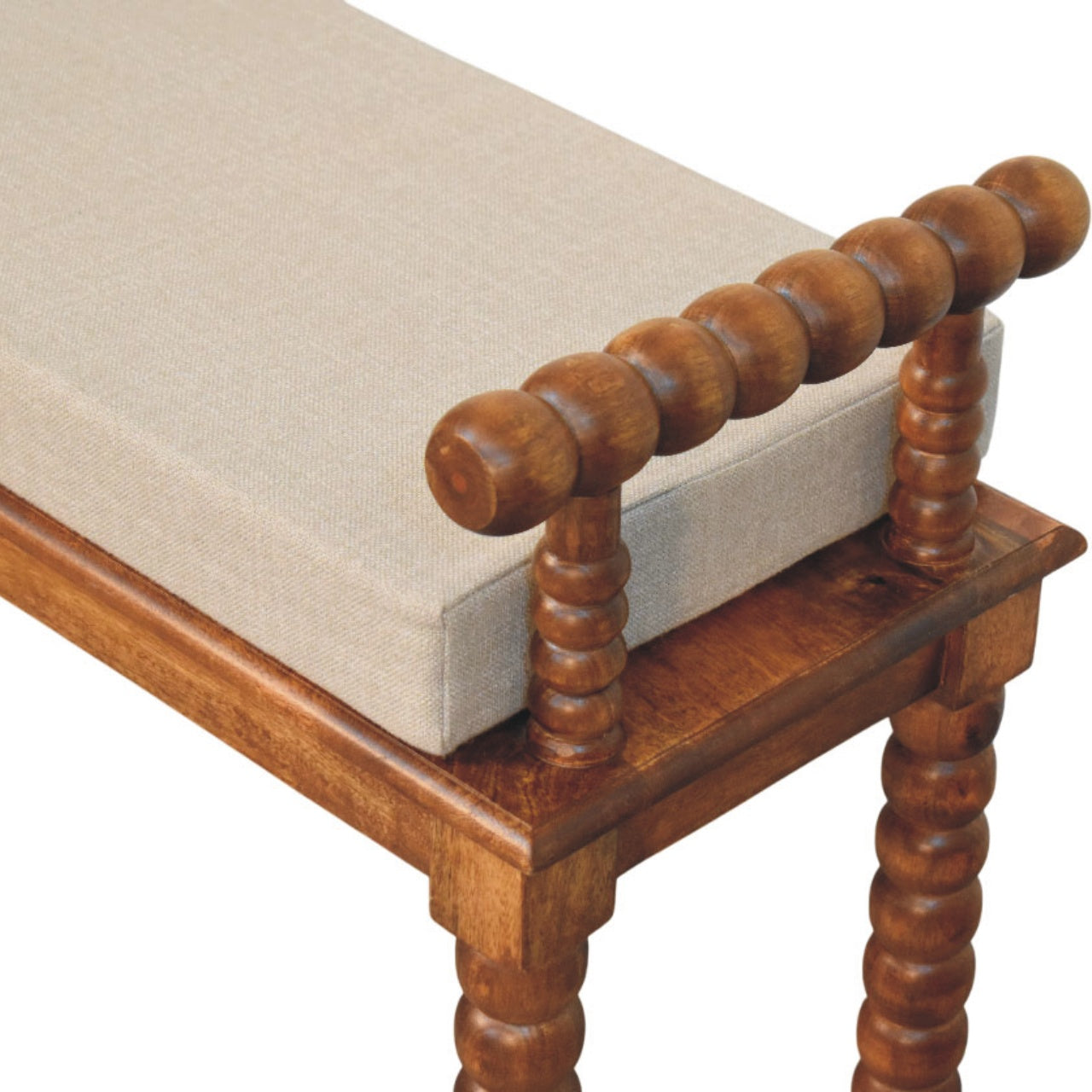 Artisan Furniture Solid Wood Spindle Amber Linen Bench, Upholstered