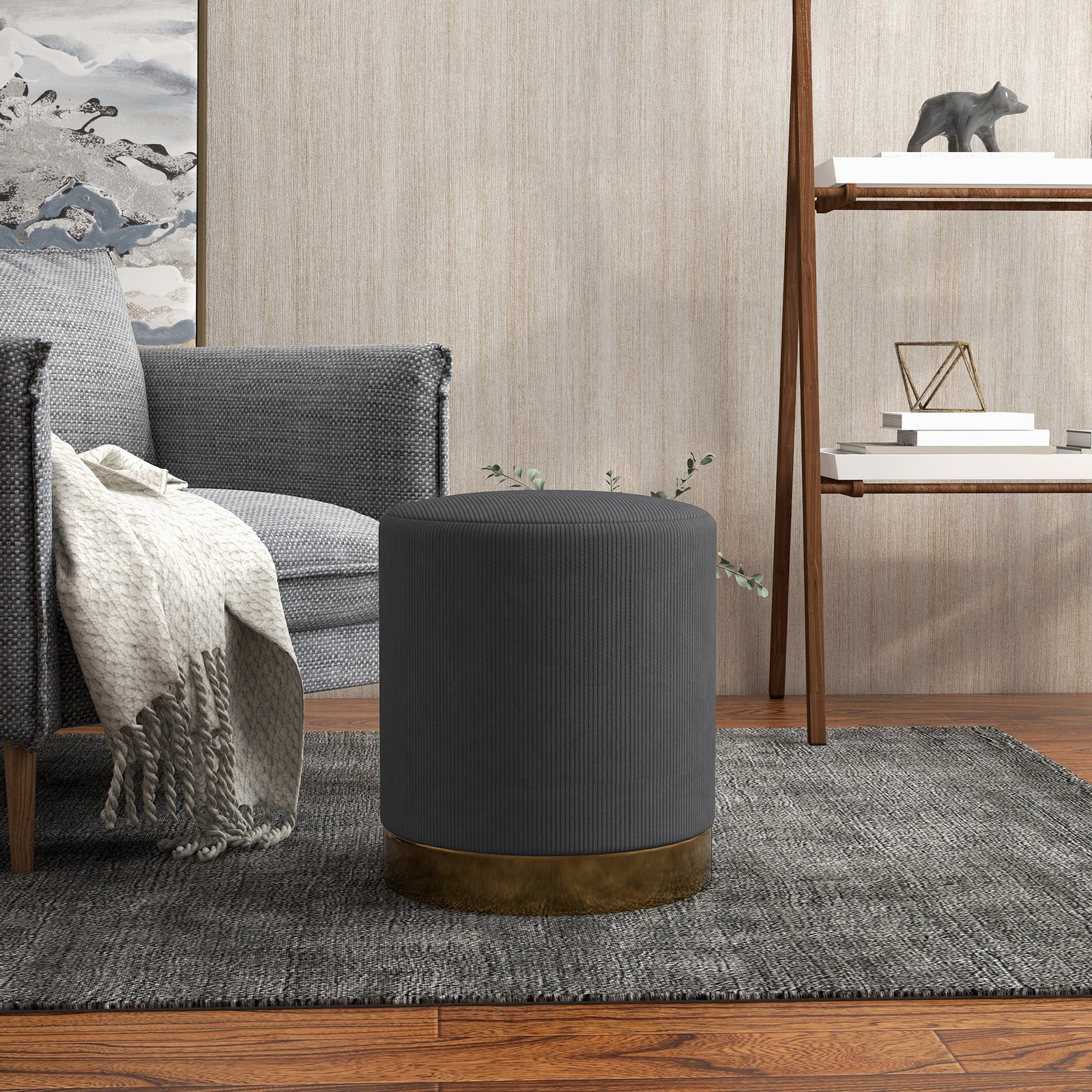 Modern Round Footstool, Fabric Upholstered Foot Rest | One Size | Charcoal Gray