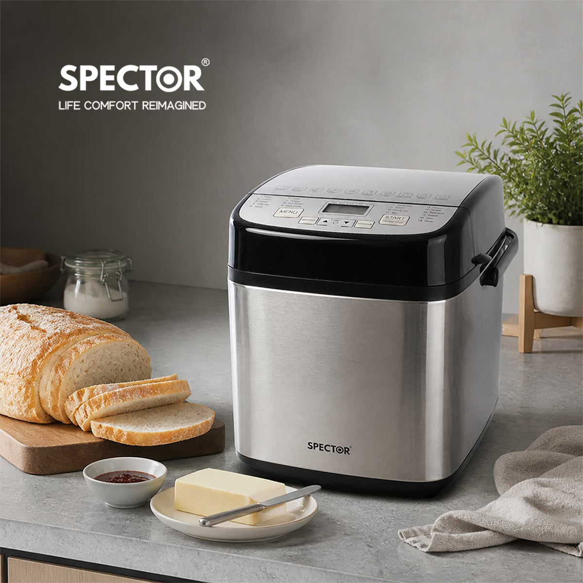 Spector Bread Maker 19 In 1 Compact Machine 15h Timer 1.5lb Black Silver