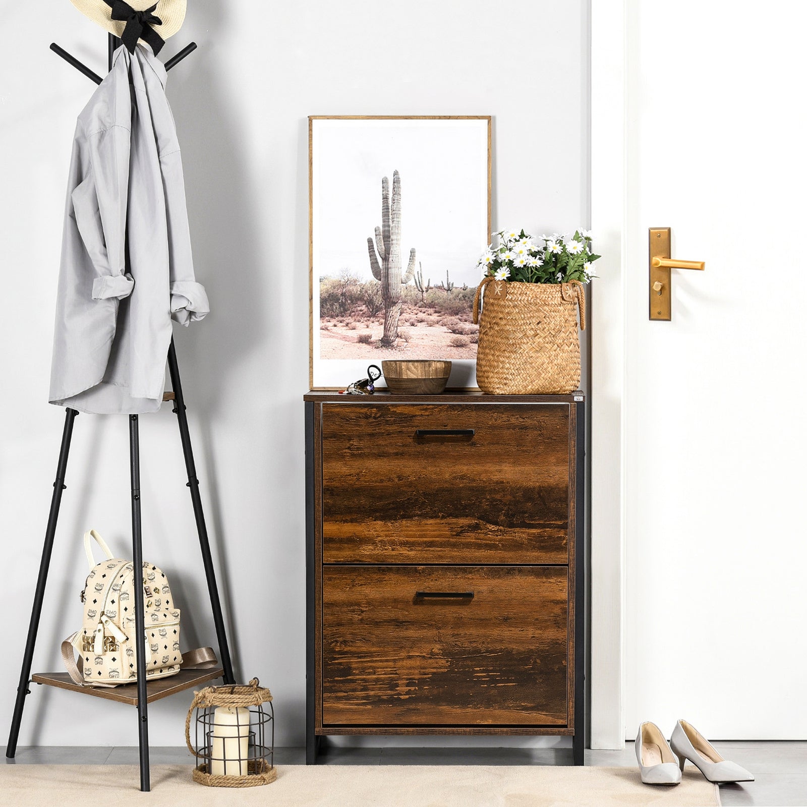 2 Flip Door Shoe Cabinet With Divider For Entryway