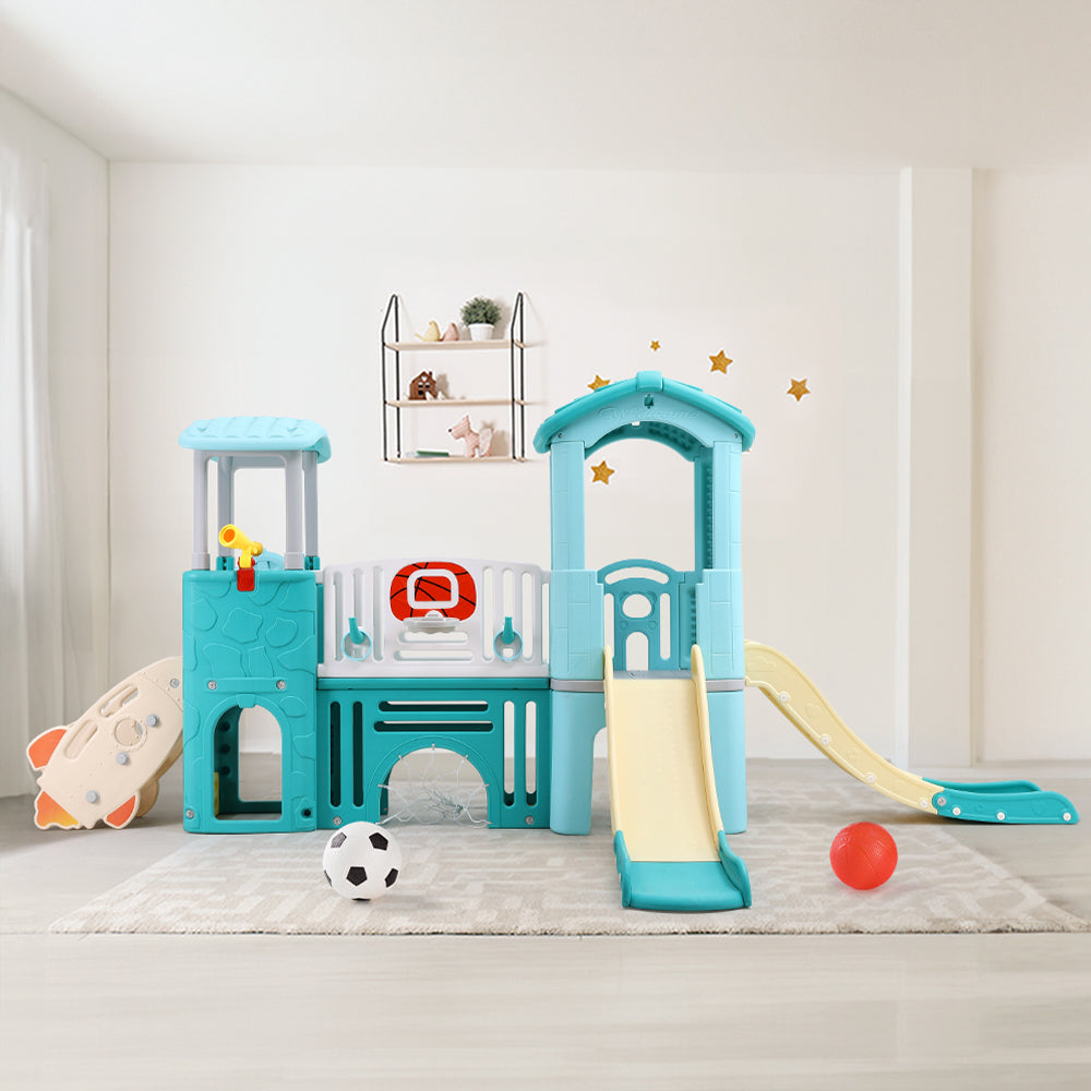 Large Toddler Playground Slide And Climber Playset With Double Slides, Basketball Hoop, Soccer Net & Playhouse Indoor Outdoor Kids Activity Center