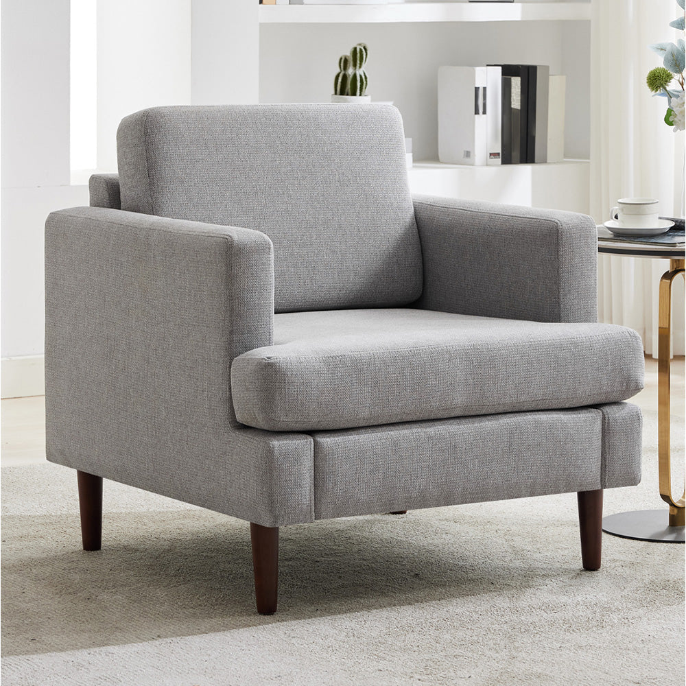 Mid-century Modern Single Sofa Chair – Linen Upholstery, High-density Foam, Walnut Legs, Comfortable Accent Chair | Light Grey