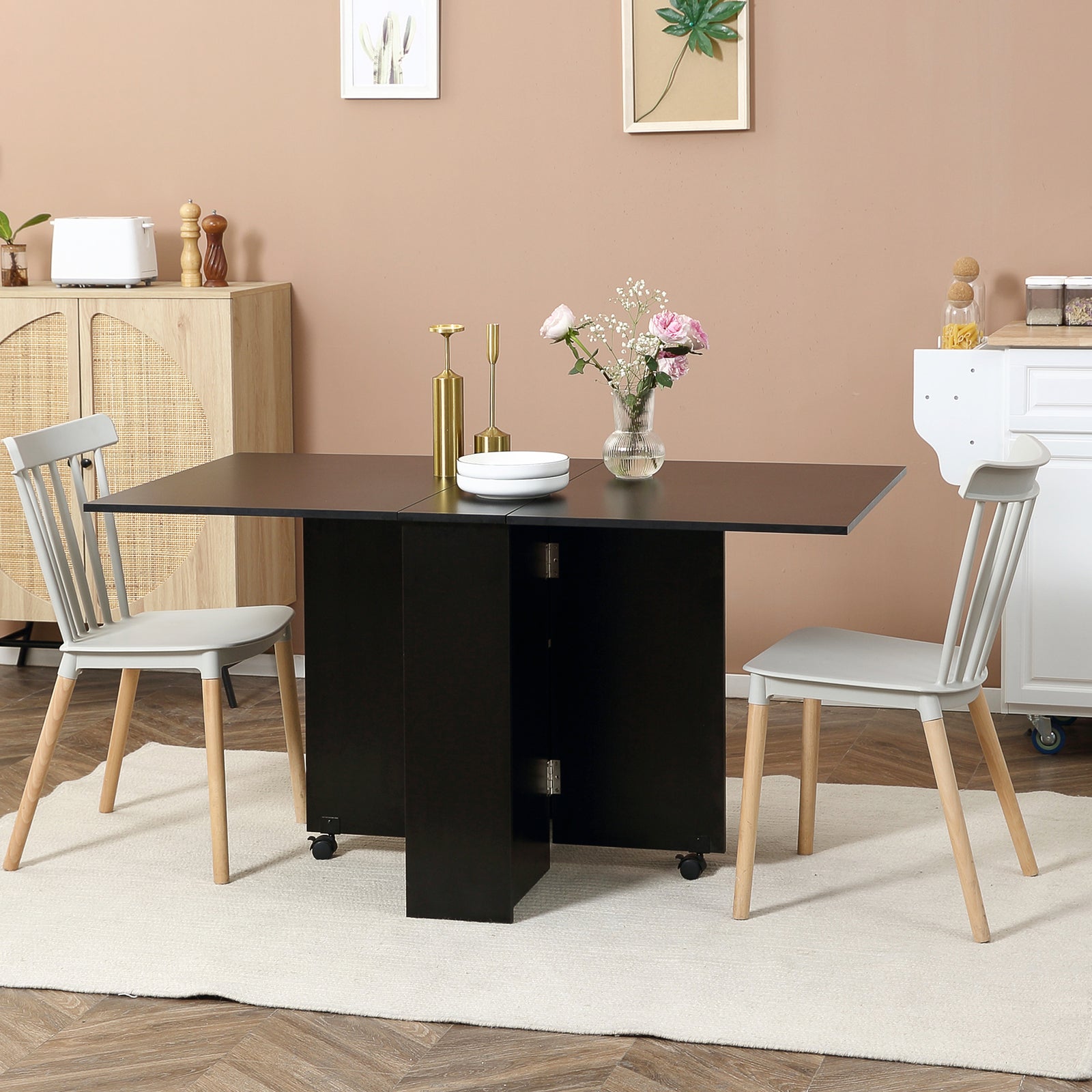 Mobile Drop Leaf Dining Table Folding Desk W/ Wheels Shelves | Black