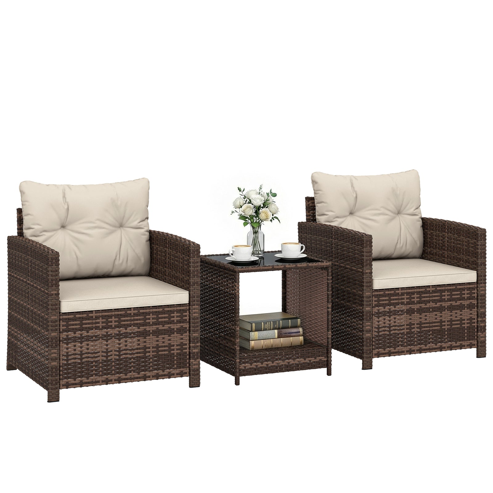 Rattan Garden Furniture Bistro Set With Cushion | Brown