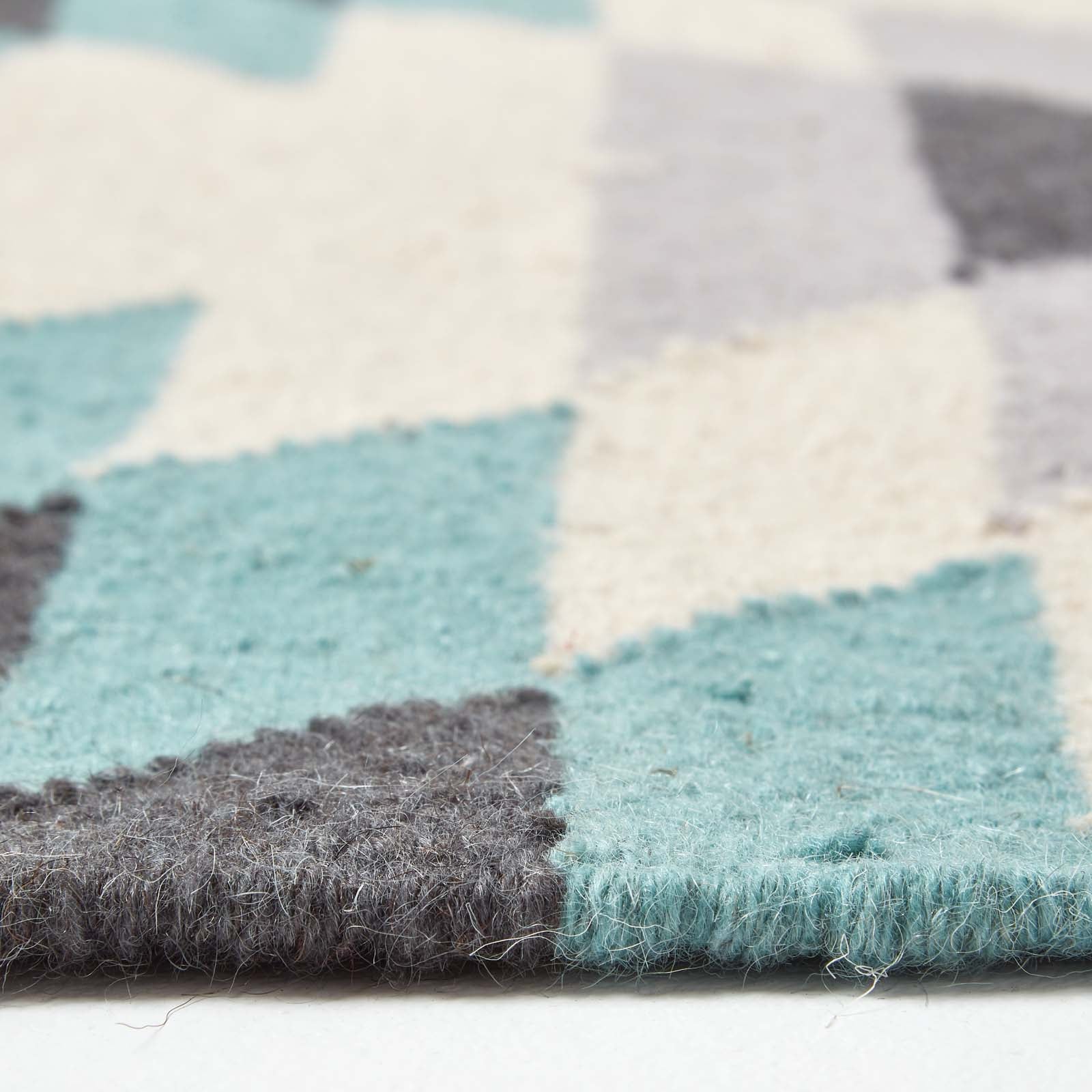 Helsinki Handwoven Geometric Blue Grey And Cream Kilim Wool Rug | 200cm | Blue & Grey