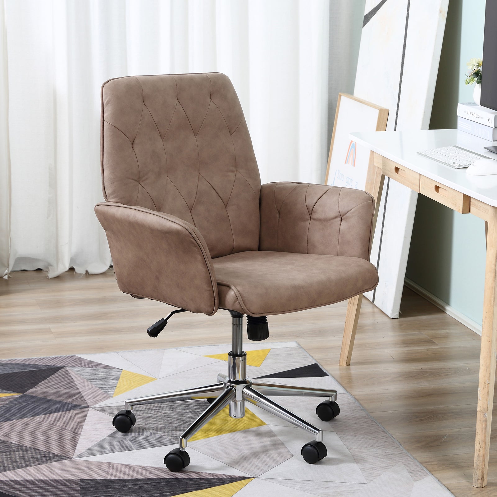 Tufted Computer Chair W/ Armrest | Brown