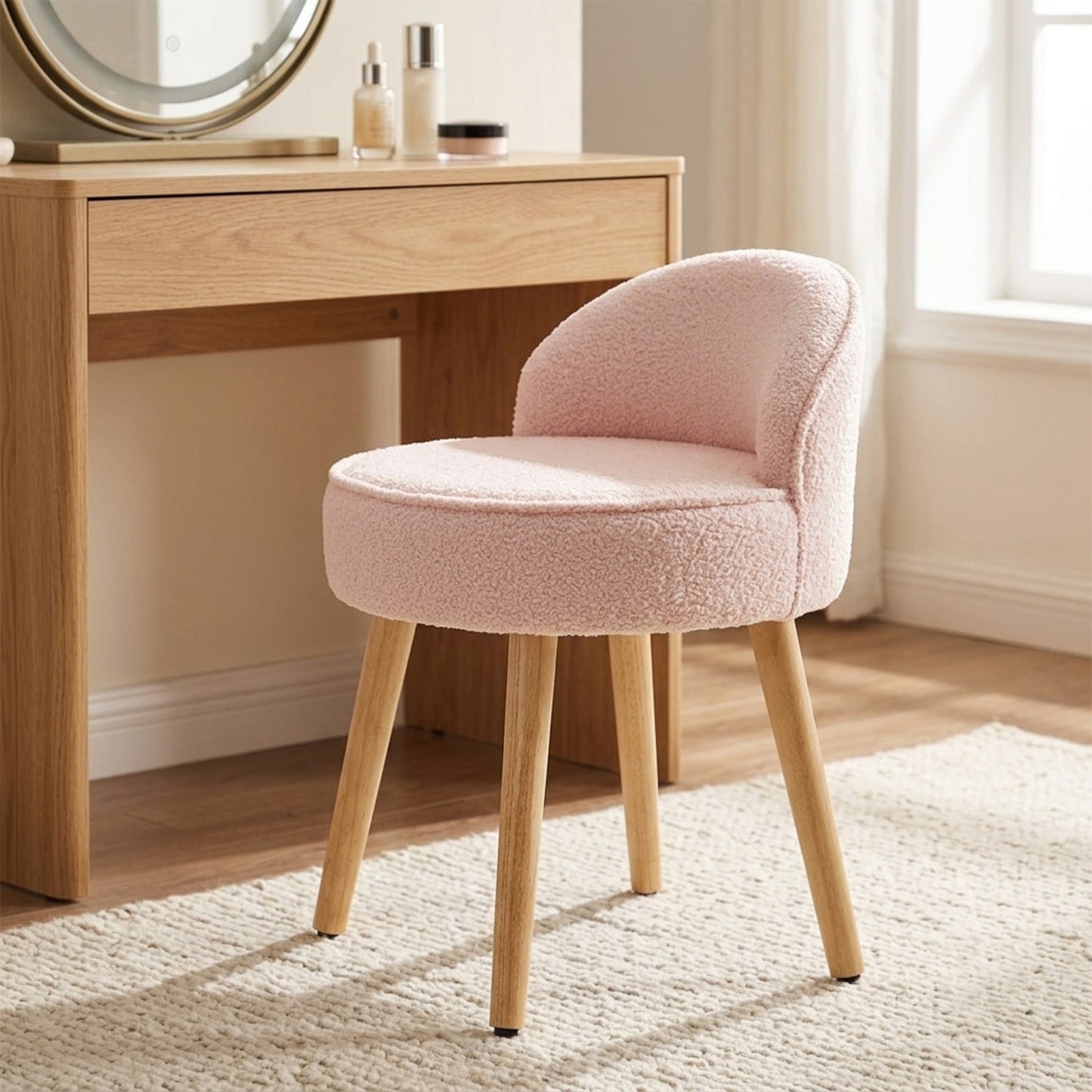 Teddy Fleece Dressing Table Stool With Rubberwood Legs | Pink