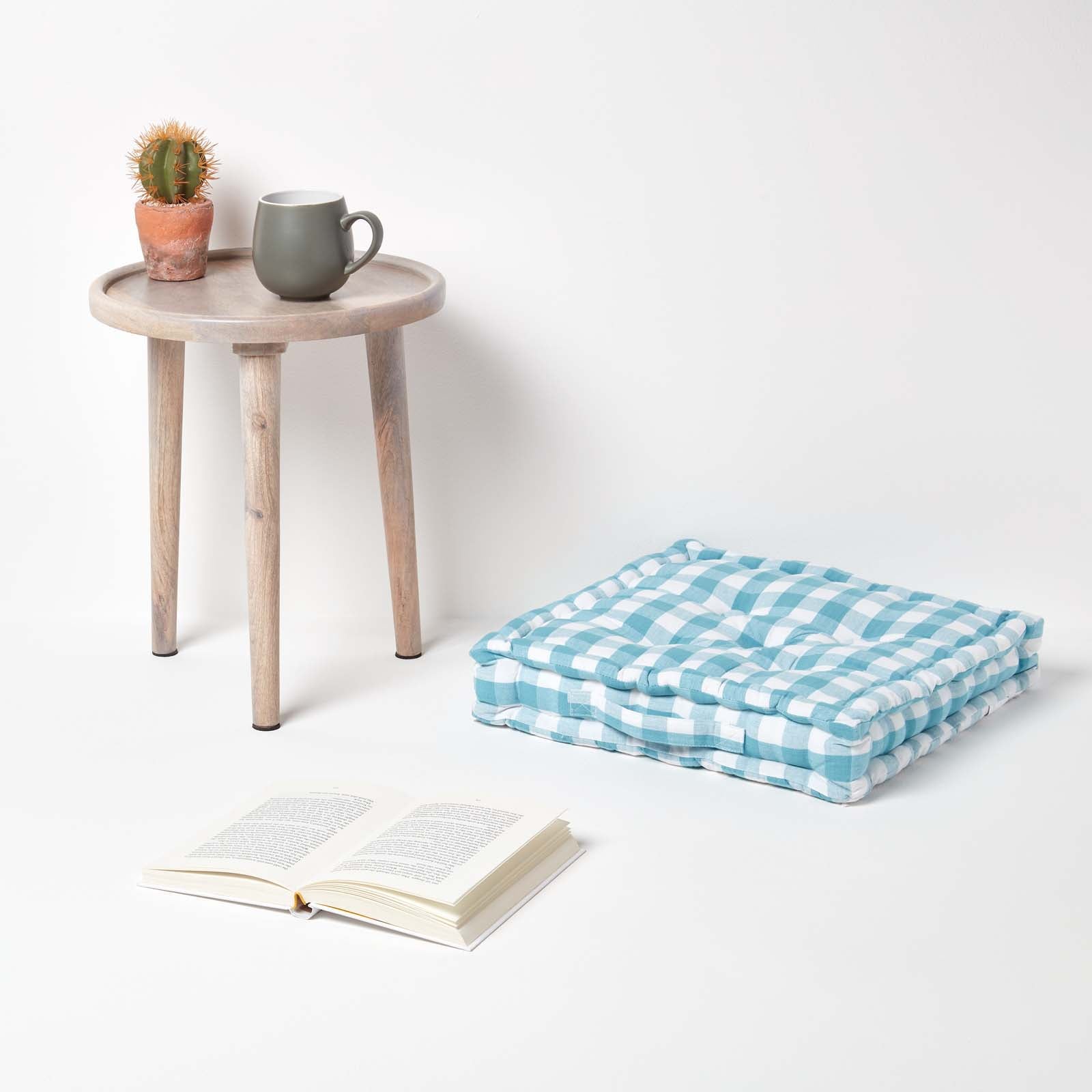 Block Check Cotton Gingham Floor Cushion | 50cm x 50cm | Blue