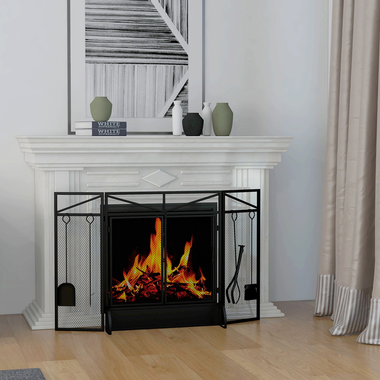 3 Panel Folding Fire Guard With Tool Doors Fire Screen