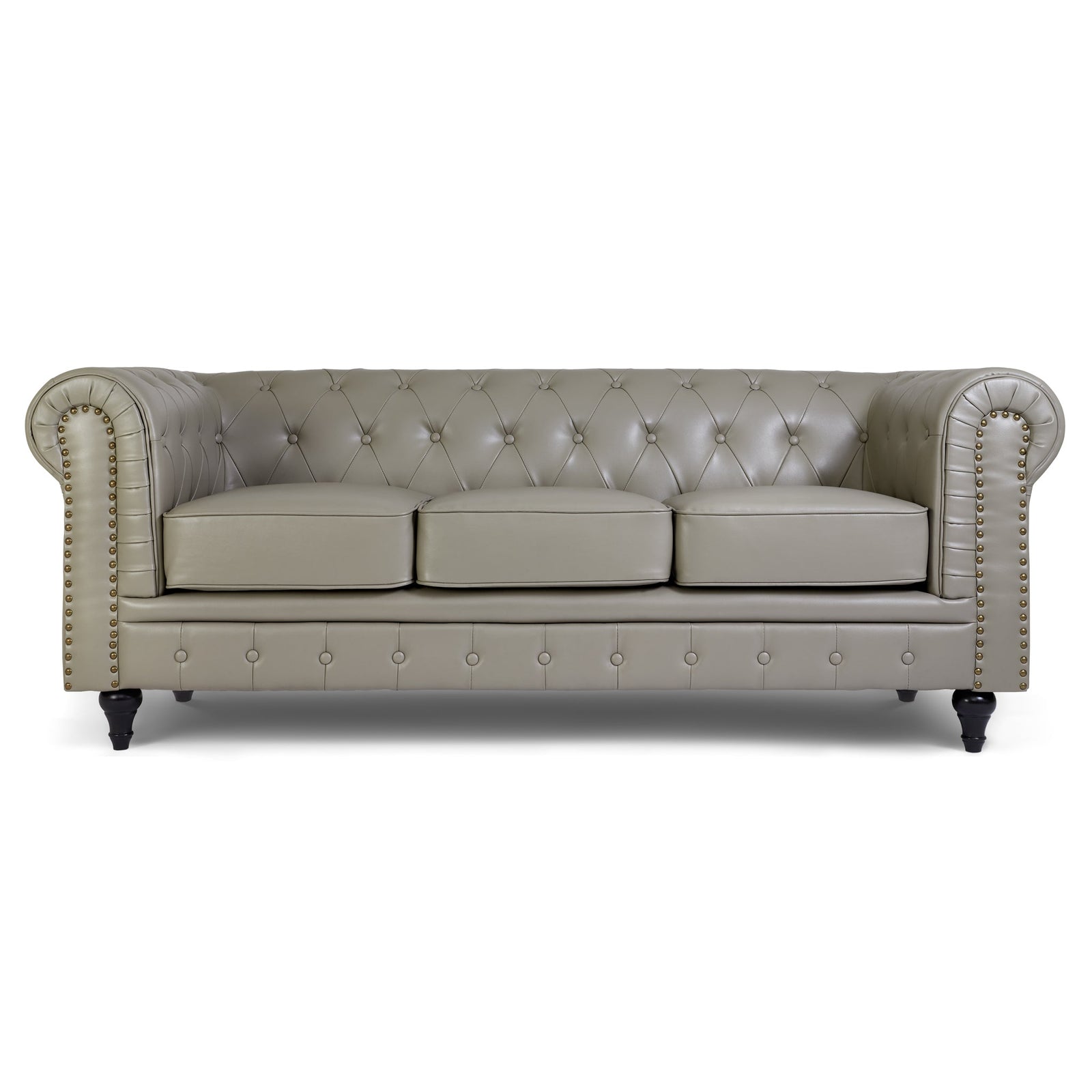 Button Tufted Faux Leather Living Room Sofa - 3 Seater | Grey
