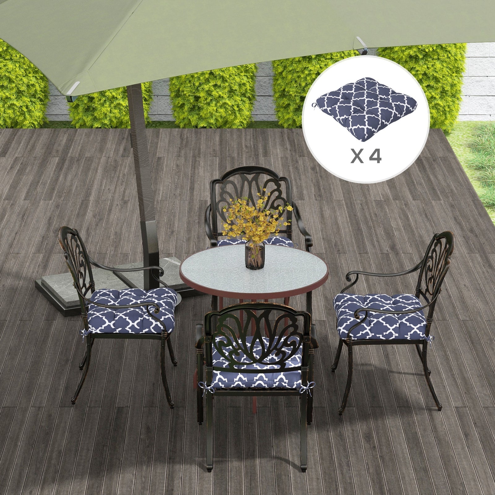 Set Of 4 Outdoor Seat Cushion W/ Ties, For Garden Furniture | Blue