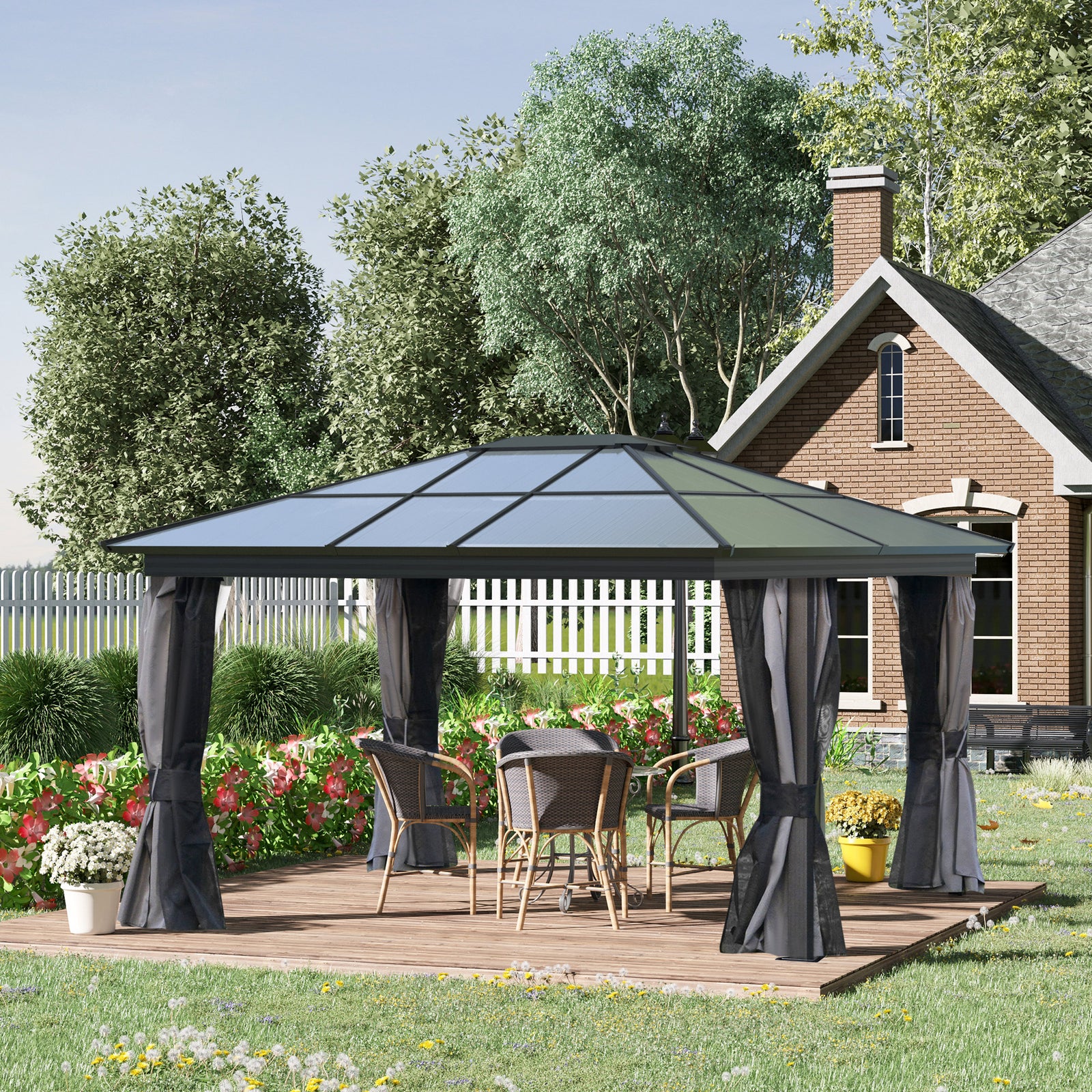 Hardtop Gazebo Canopy With Mosquito Netting And Curtains | Extra Large | Black