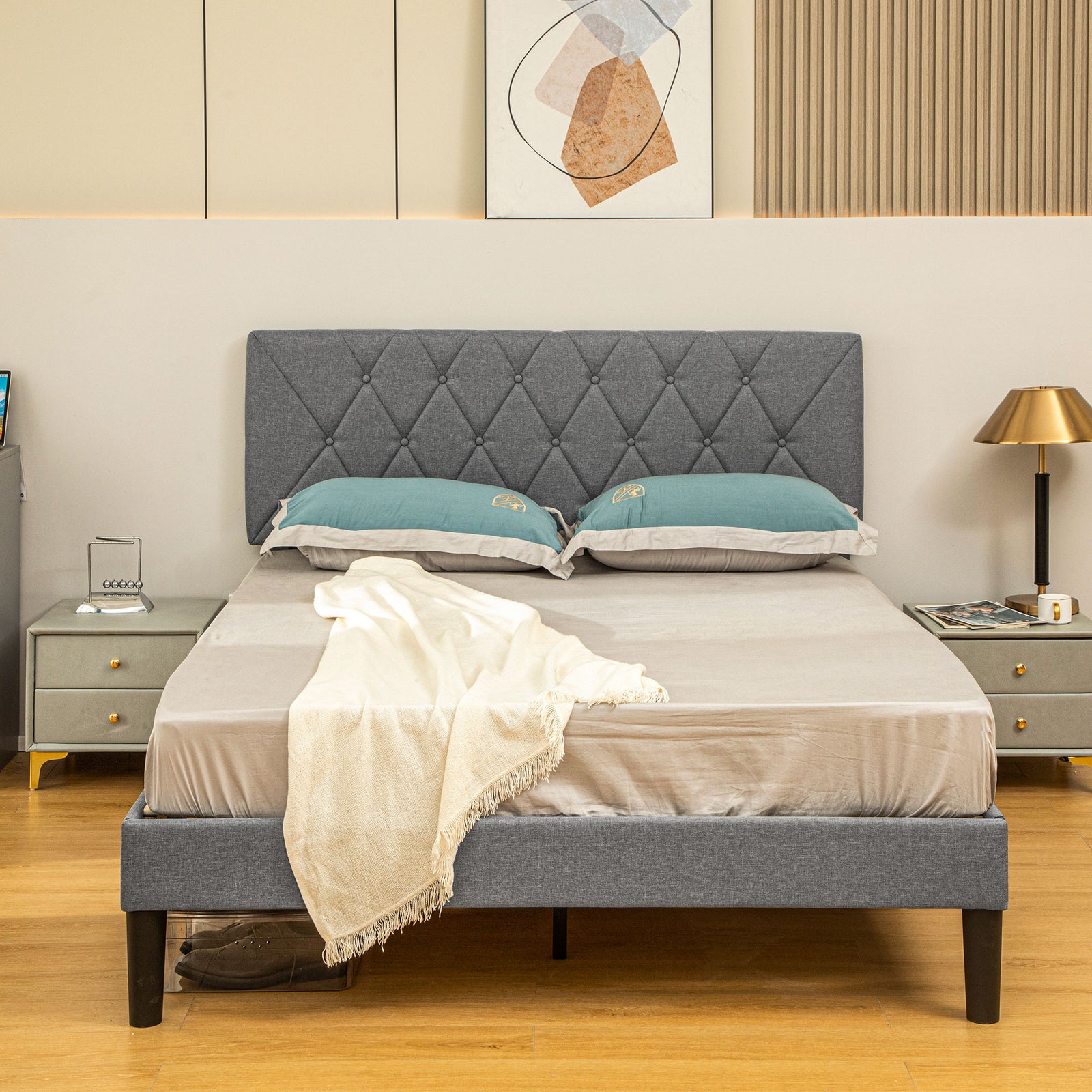Double/king Bed Frame W/ 5 Level Adjustable Linen Headboard | Double