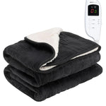 Heated Electric Throw 9h Timer 9 Heat Setting Shearling Fleece Blanket | Single | Black