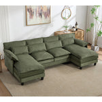 U-shaped Textured Breathable Chenille Sectional Sofa With Dual Chaise – Modular Living Room Couch With Lumbar Cushions | Green