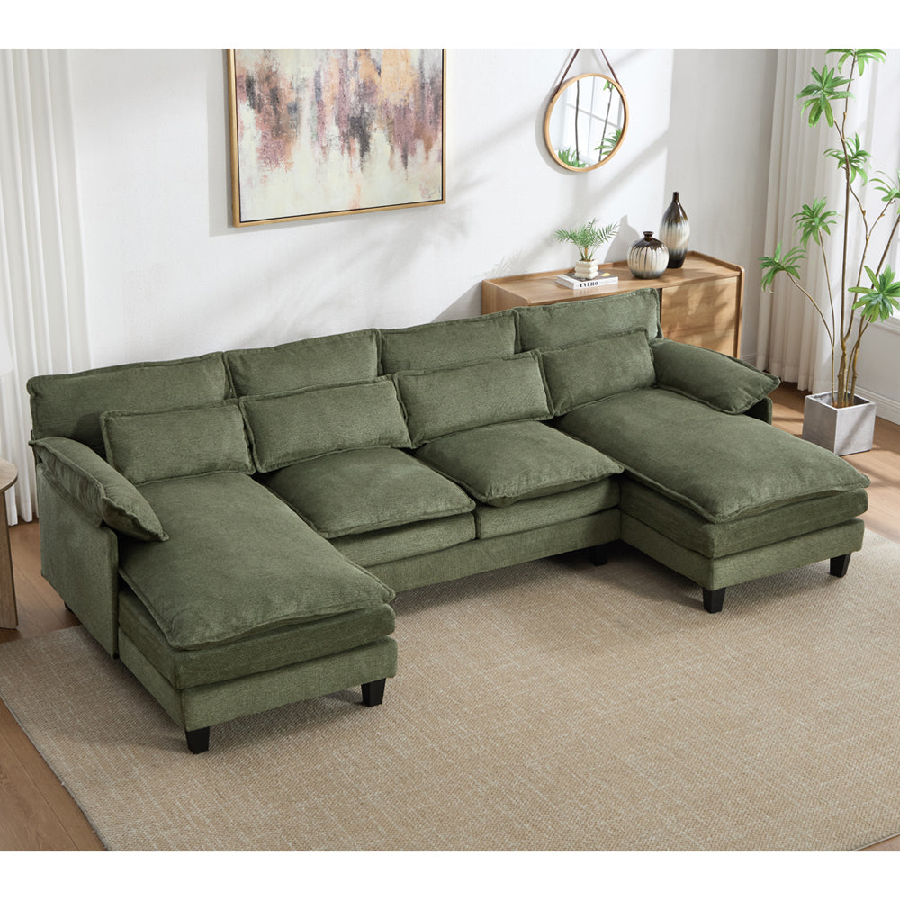 U-shaped Textured Breathable Chenille Sectional Sofa With Dual Chaise – Modular Living Room Couch With Lumbar Cushions | Green