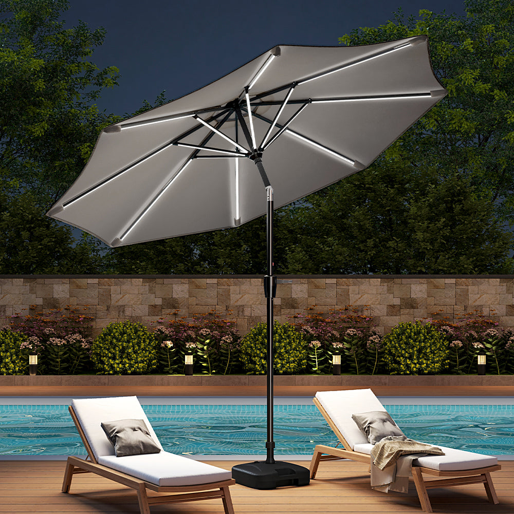 3m Solar Led Patio Umbrella, Outdoor Parasol With 16 Led Tubes, Crank Lift & Push Button Tilt With Fillable Base | One Size | Light Grey