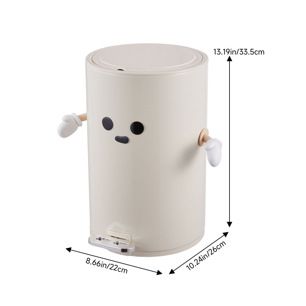 12l Cream-white Step-on Trash Bin With Soft-close Lid And Removable Inner Bucket, Decorative Face Design