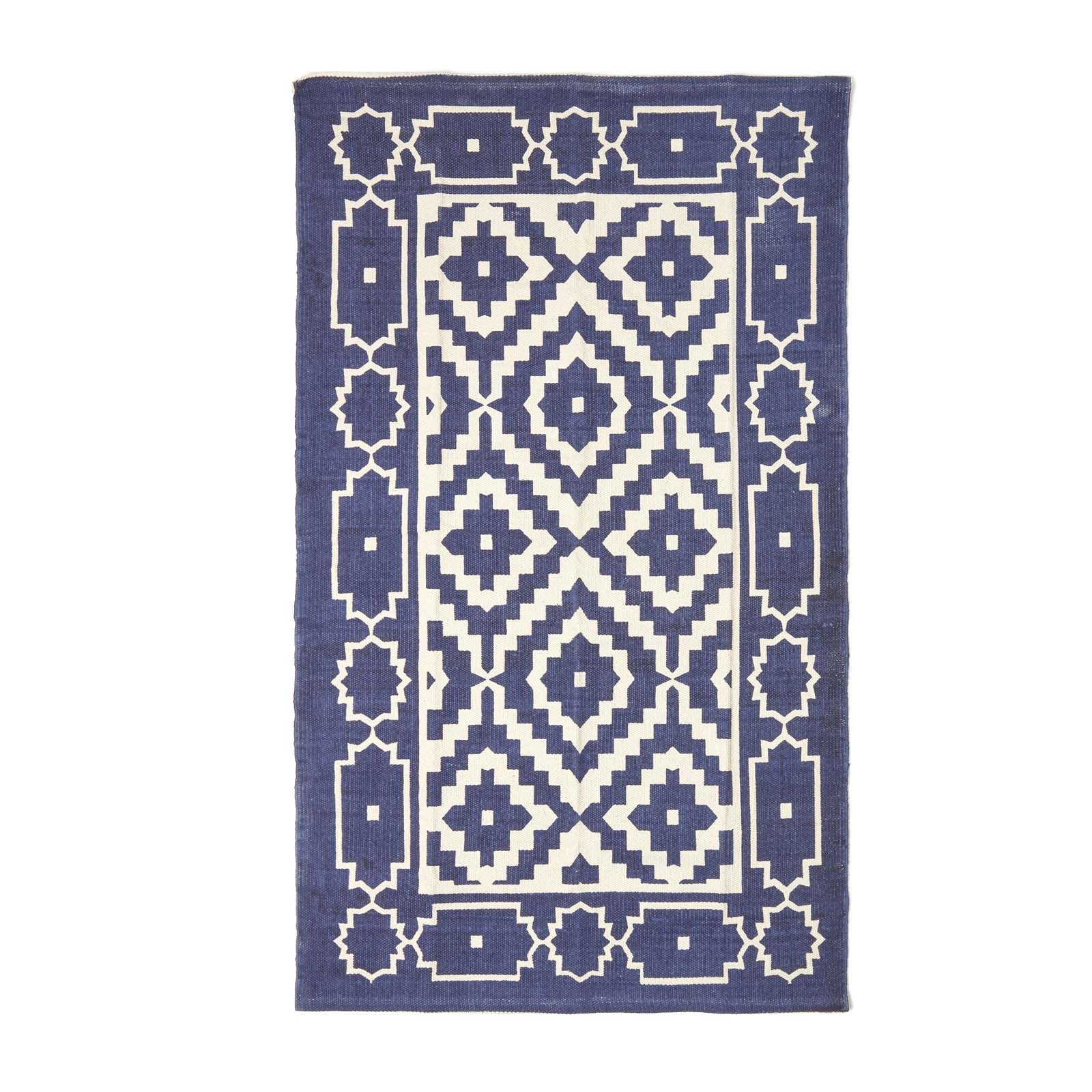 Halmstad Blue And White Scandi Style 100% Cotton Printed Rug | 120cm x 180cm | Navy Blue