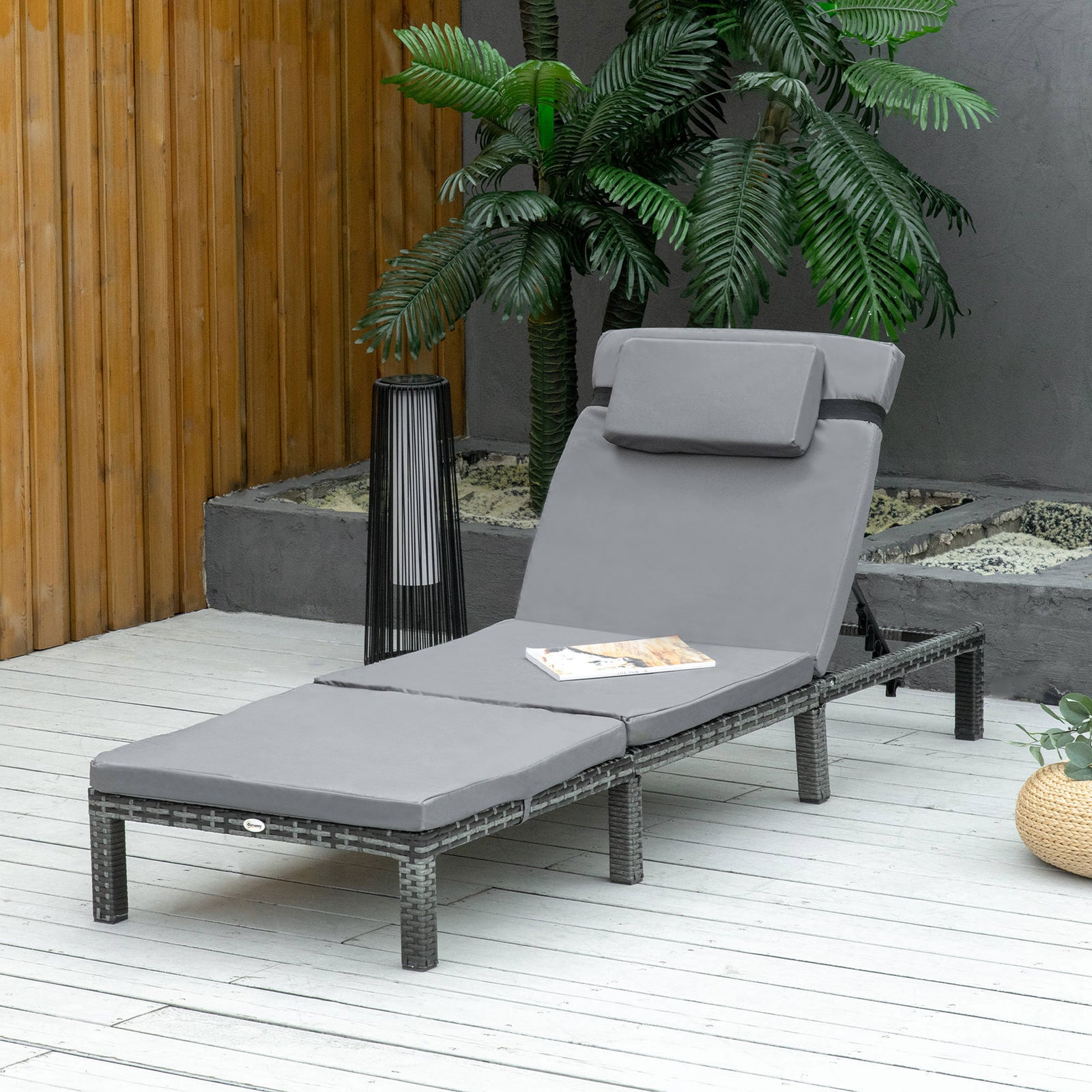 Rattan Reclining Sun Lounger With Cushion | Charcoal Gray