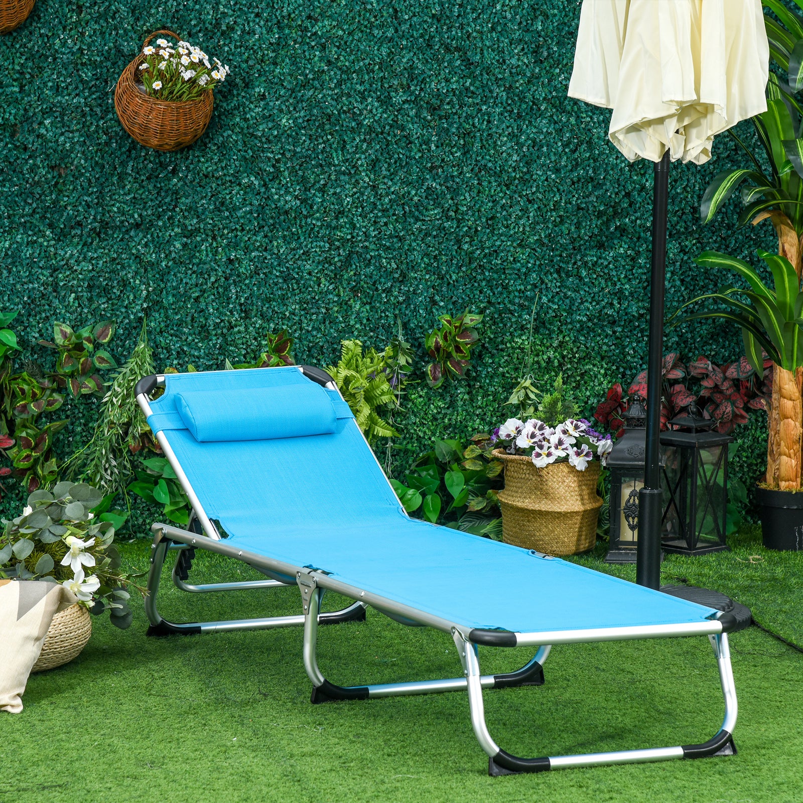 Folding Outdoor Lounger W/ Pillow | Blue