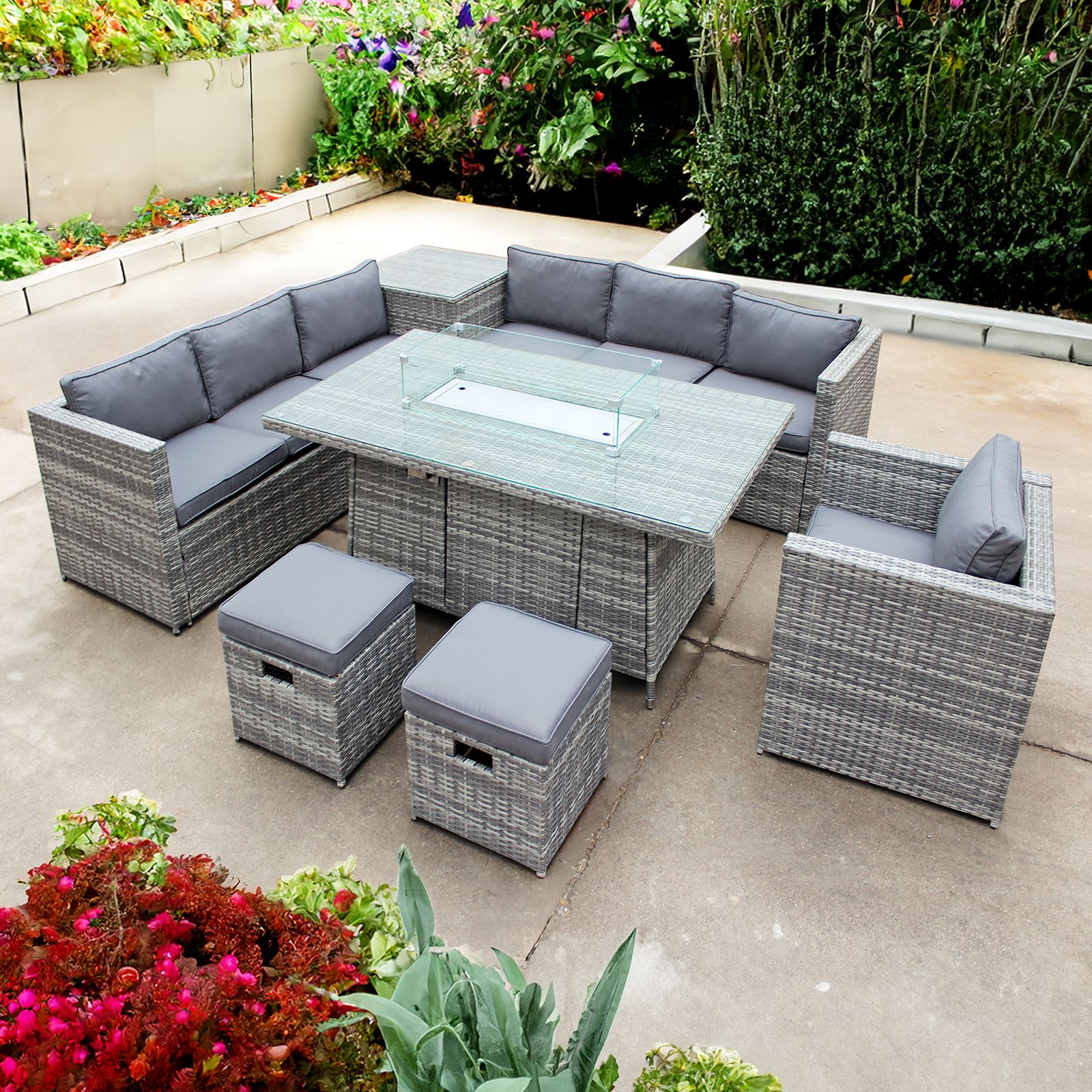 Malta Rattan 9 Seat Firepit U-shape Sofa Set | Mixed Grey