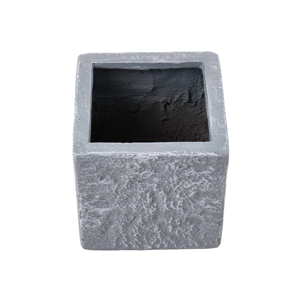 Cube Shaped Cement Planter Flower Pot With Drainage Holes | Small | Grey Granite