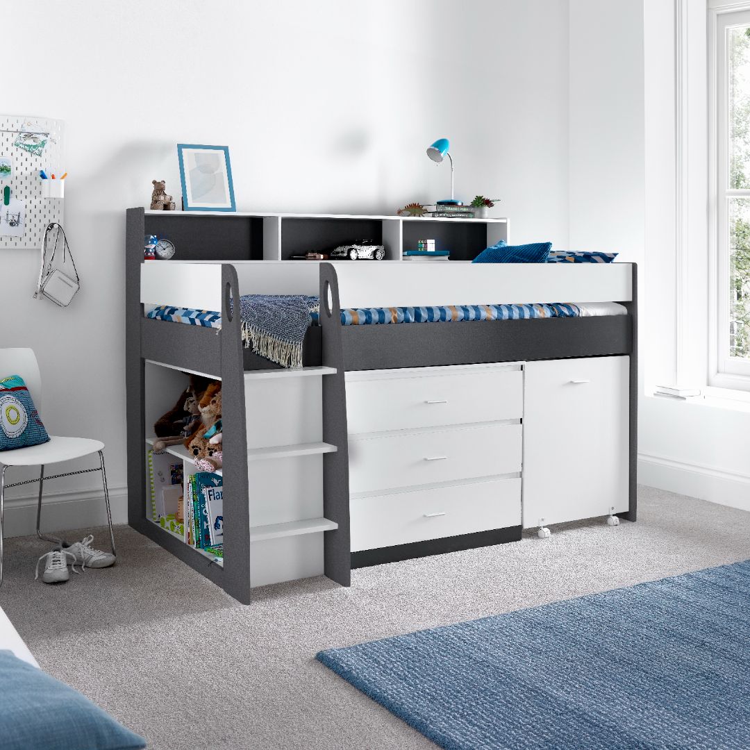 Ersa Mid Sleeper Bed With Desk With Orthopaedic Mattress | Single | Grey
