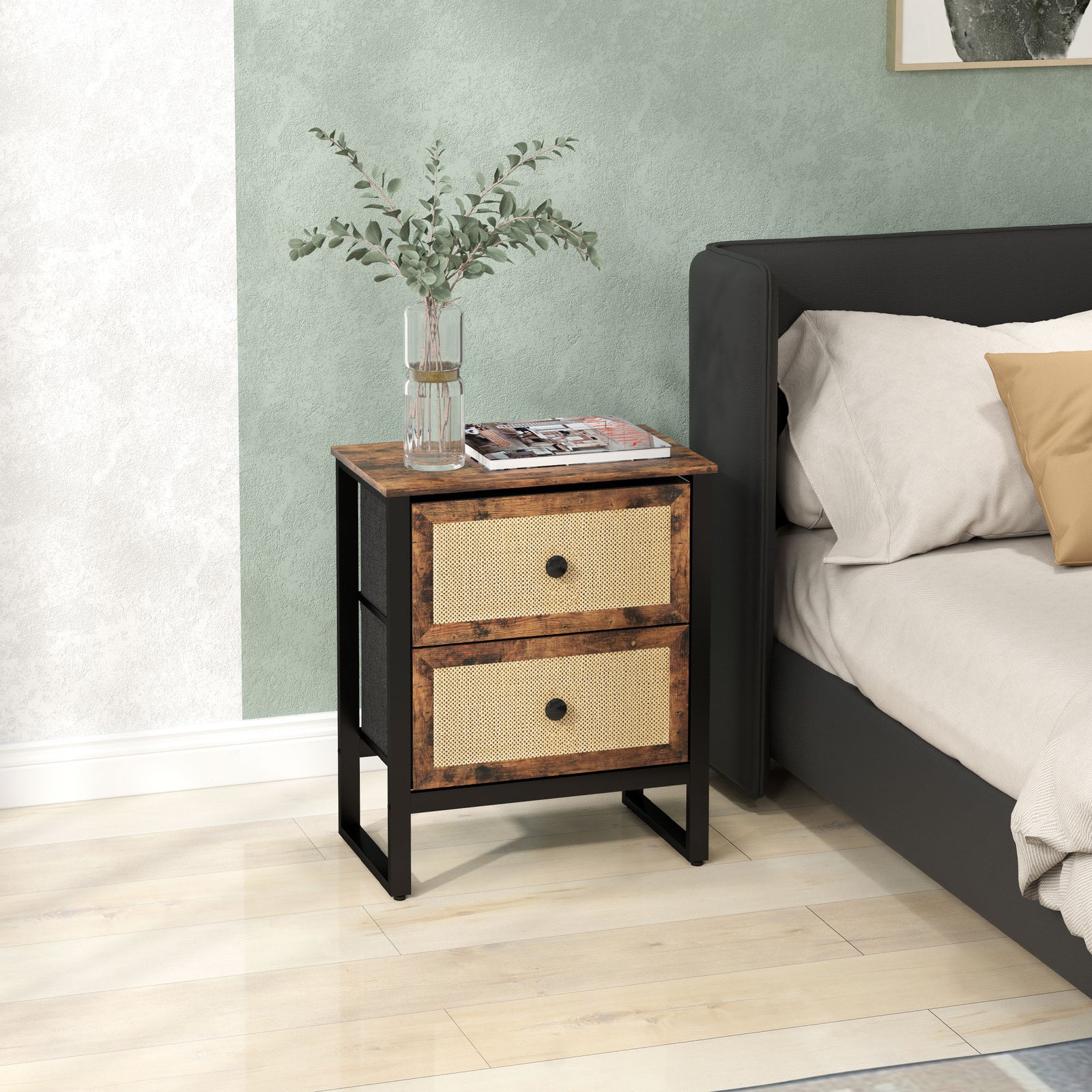 Bedside Table With 2 Rattan Drawers, Rustic Brown