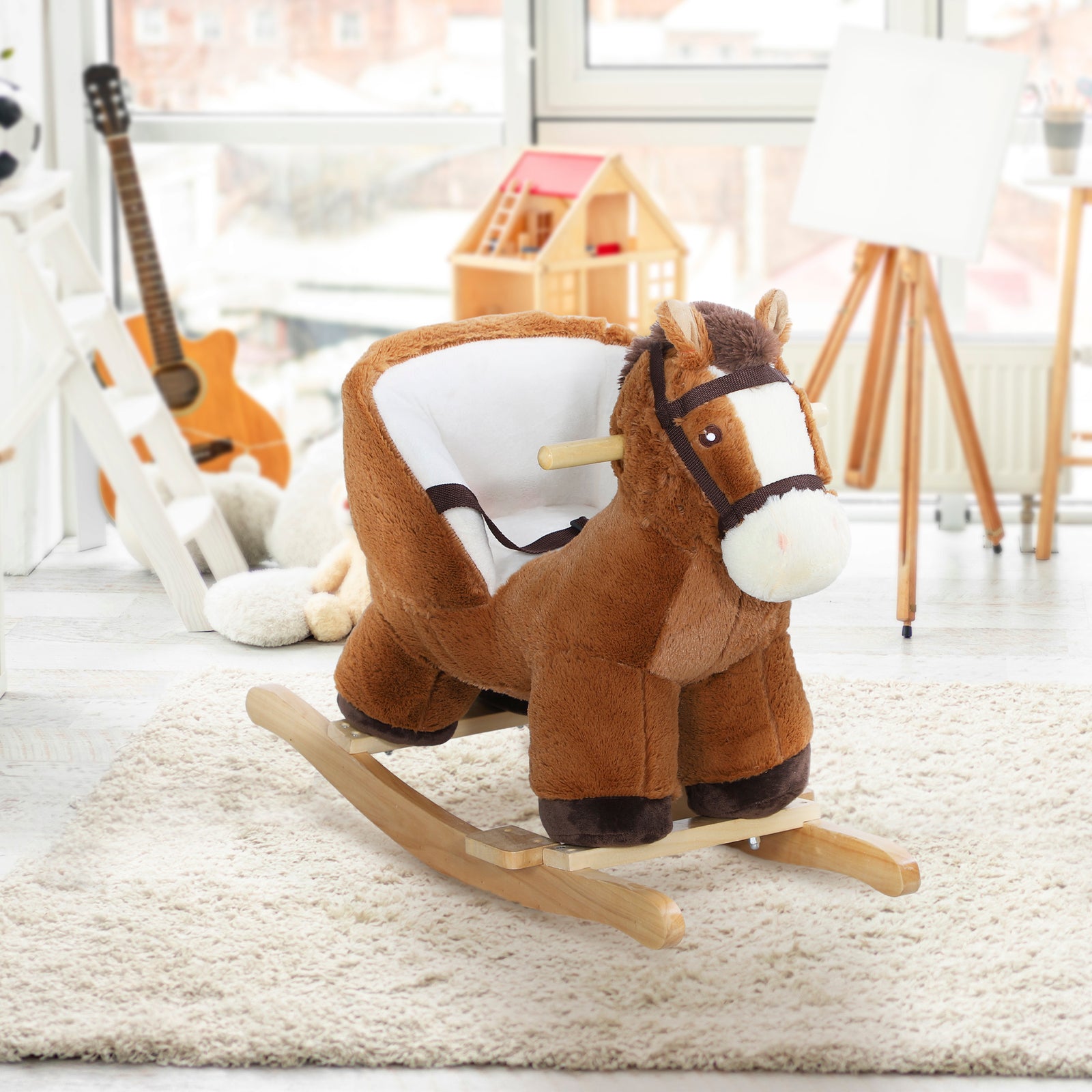 Kids Rocking Horse W/ Sound, Safety Belt - Brown