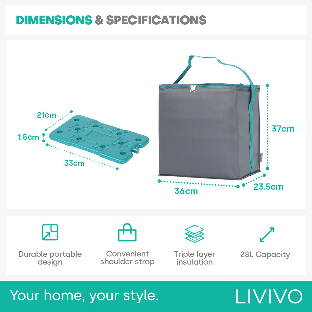 Livivo Large Thermal Cooler Bag 28l Picnic Beach Travel Grey