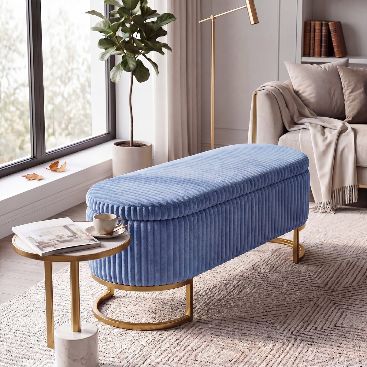 Corduroy Upholstered Storage Bench | Blue