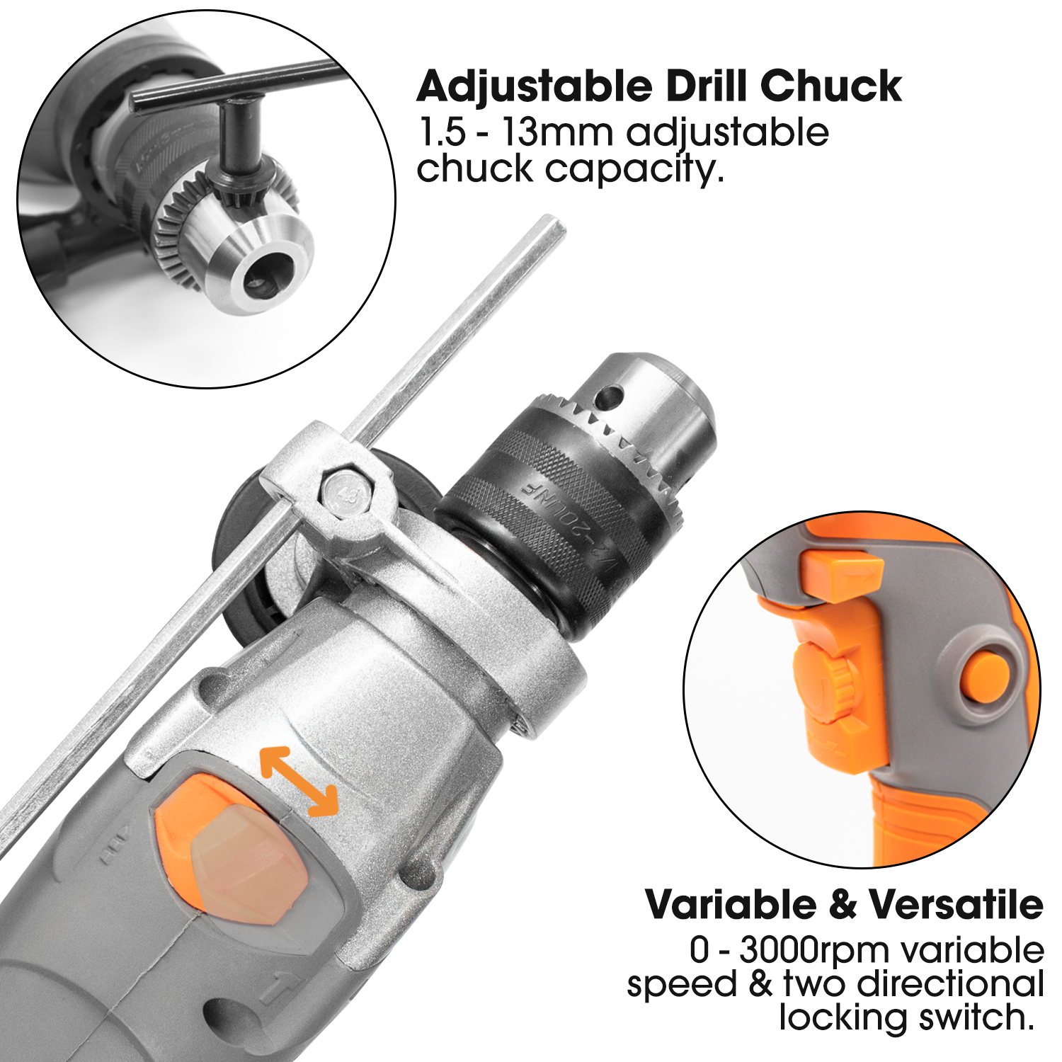 1050w Powerful Electric Corded Hammer Drill, Variable Speed, Lightweight, Key Chuck, Hammer And Electric Drill Modes