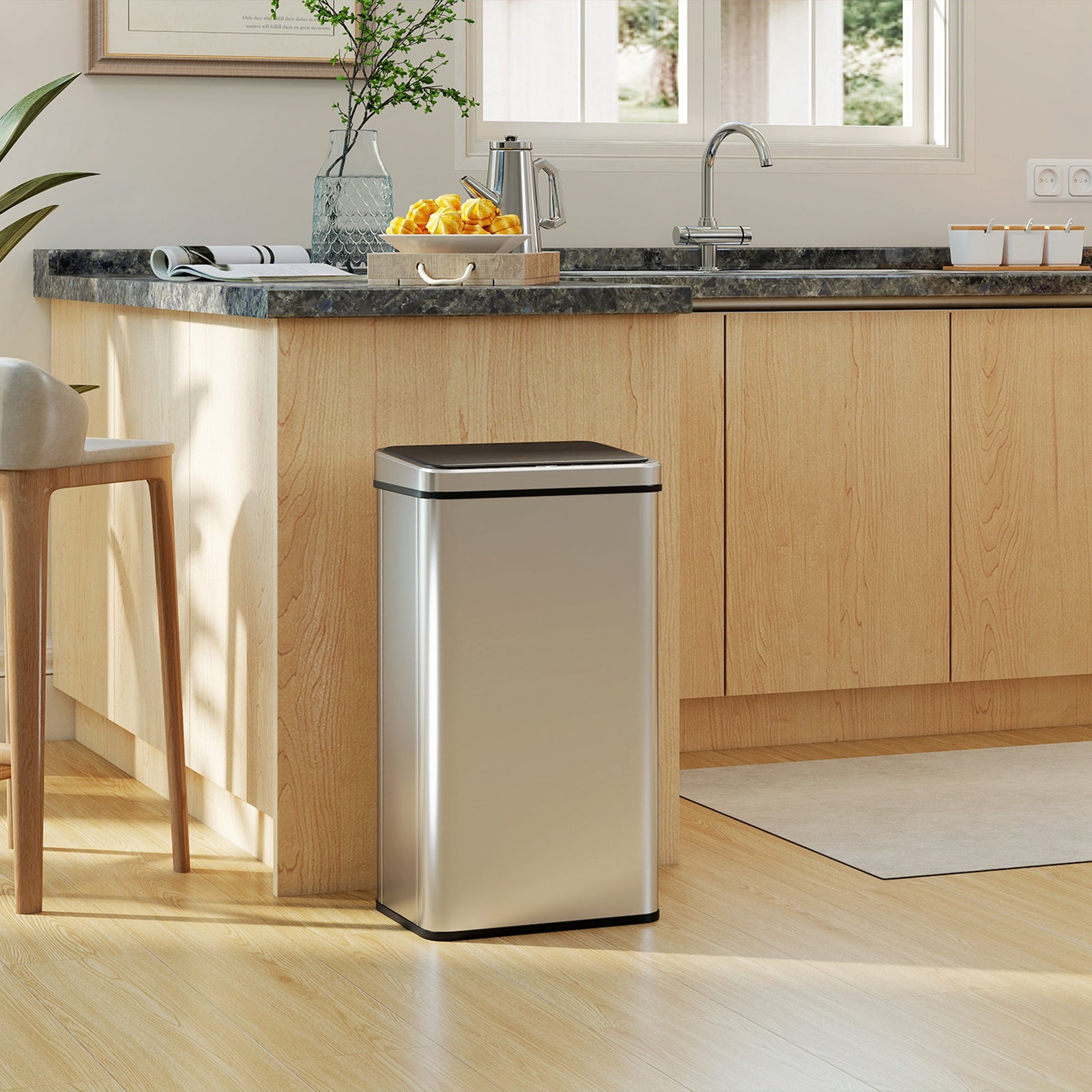 HOMCOM Kitchen Bin With Fast Motion Sensor, Stainless Steel Sensor Bin
