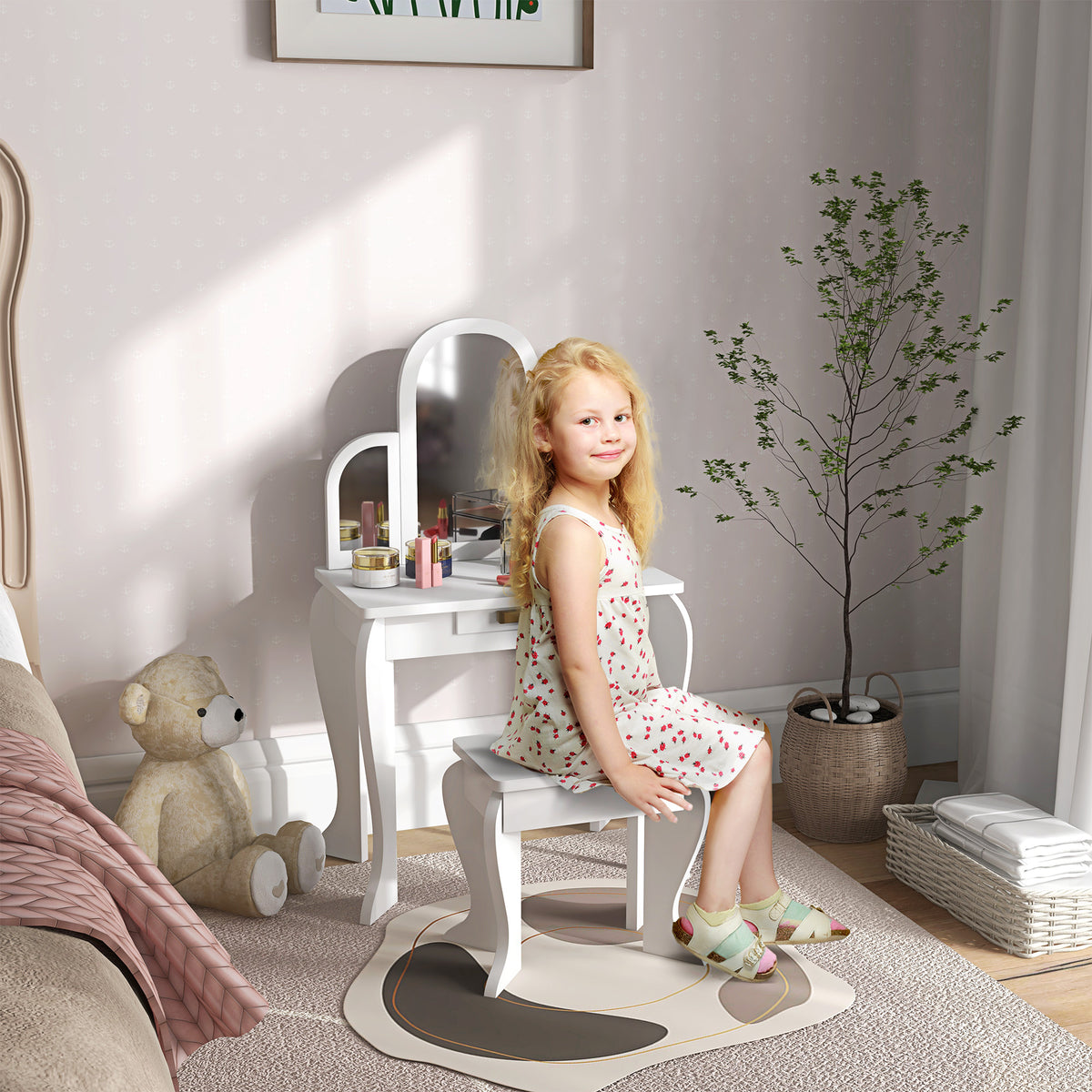 Kids Dressing Table Set Kids Vanity Set W/ Drawer, Mirror | White