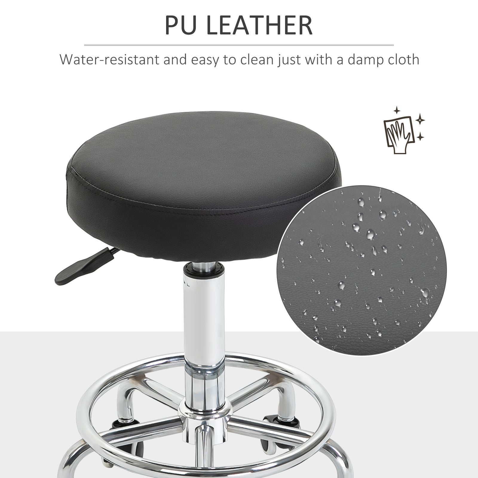Round Pu Leather Salon Beautician Stool Adjustable Height | One Size | Black