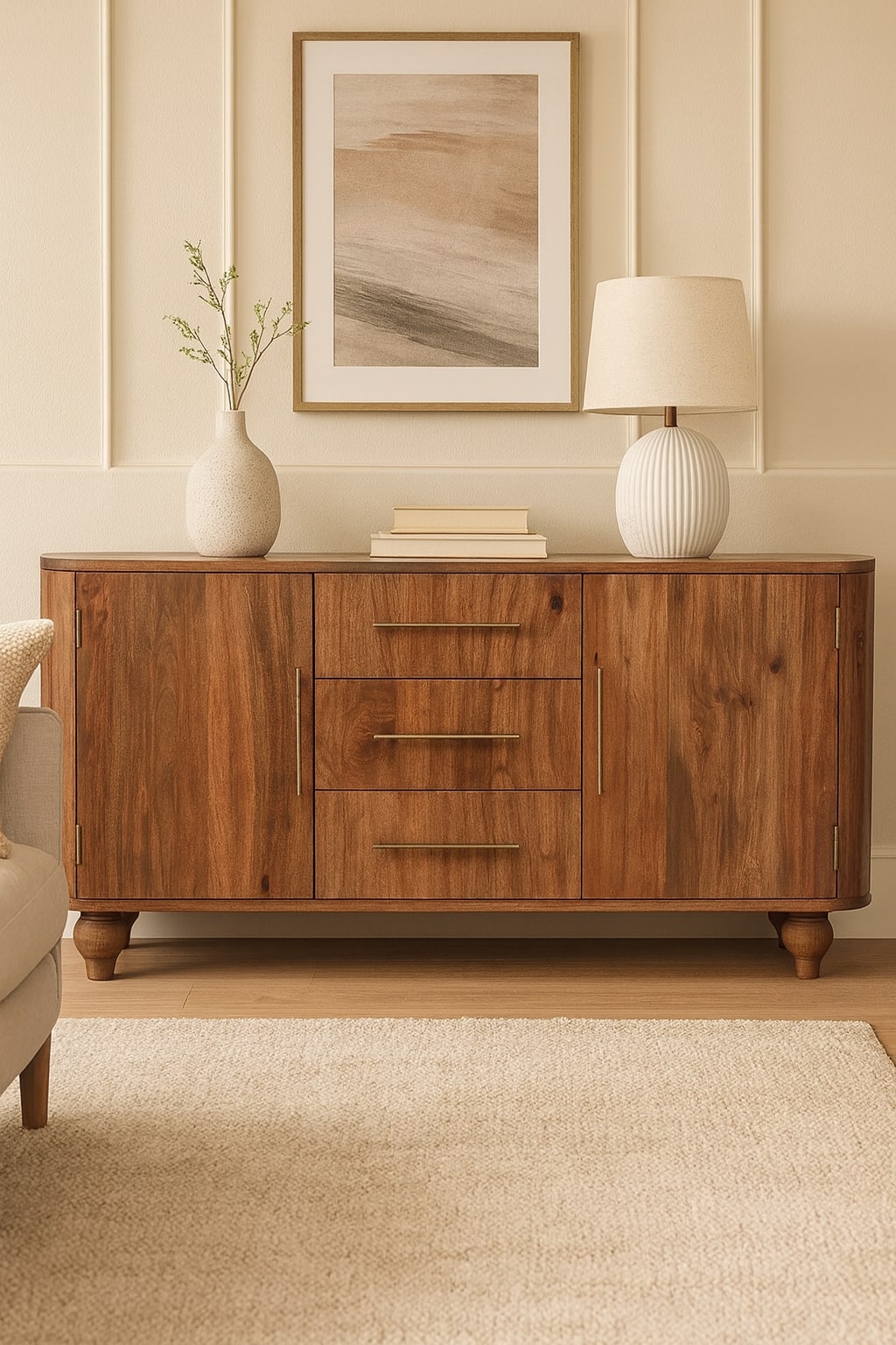 Montara Sideboard – Solid Wood, Golden Teak Finish, 3 Drawers & 2 Cabinets