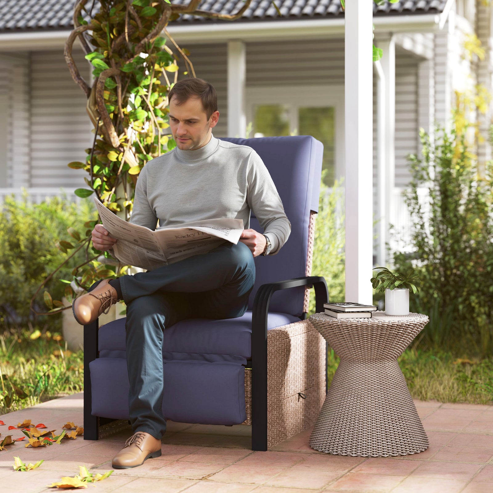 Rattan Recliner Chair, Adjustable Backrest & Footrest | Blue