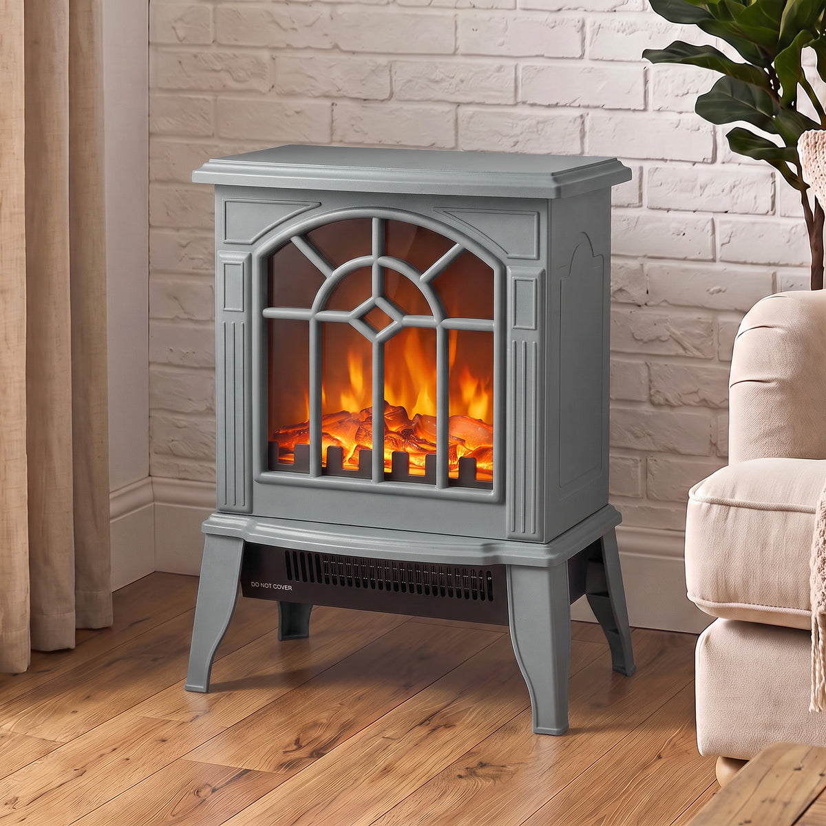 Electric Fireplace, Freestanding Log Burner, Led Flame Effect | Grey
