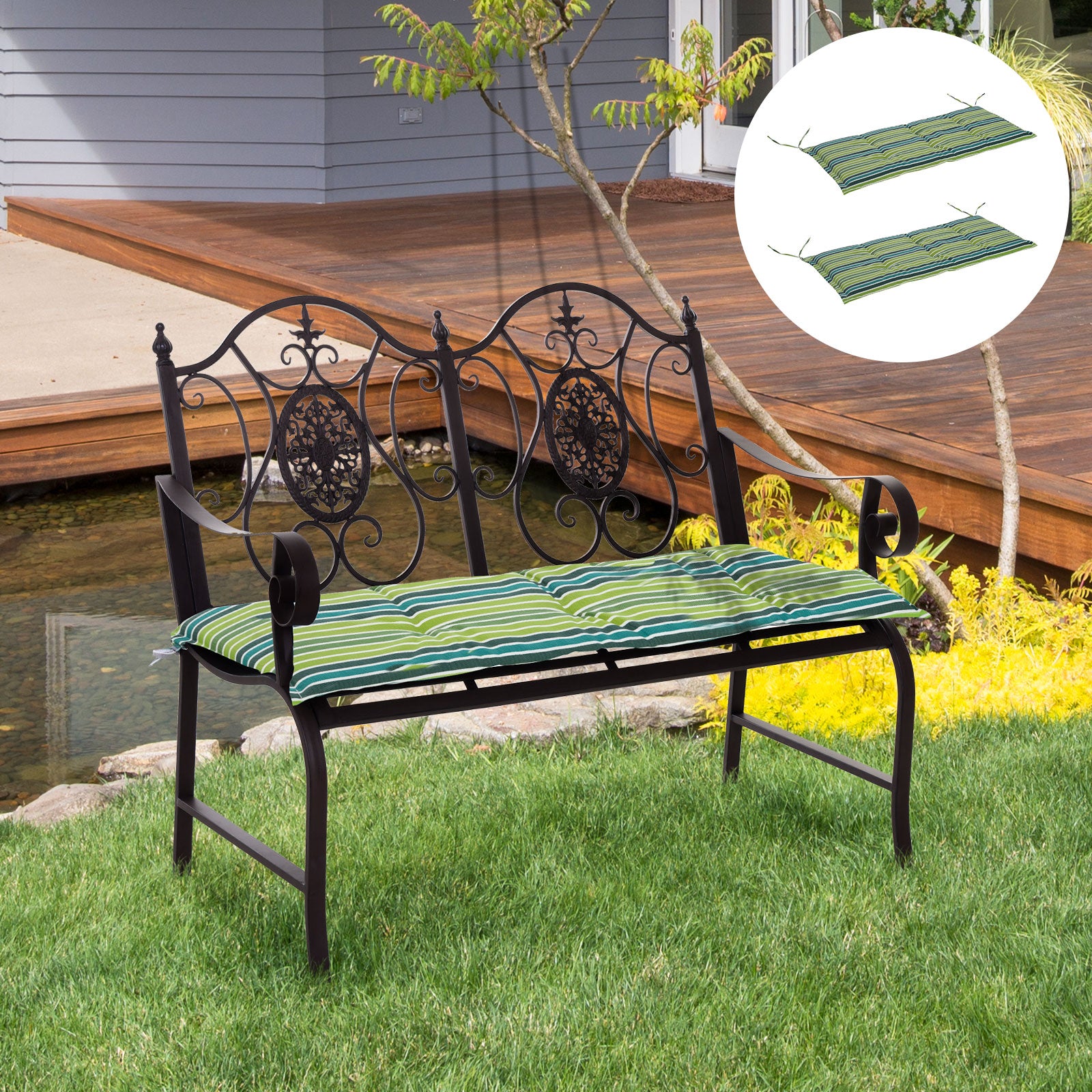 2 Pieces Replacement Cushions For Garden Bench, With Strips | Green