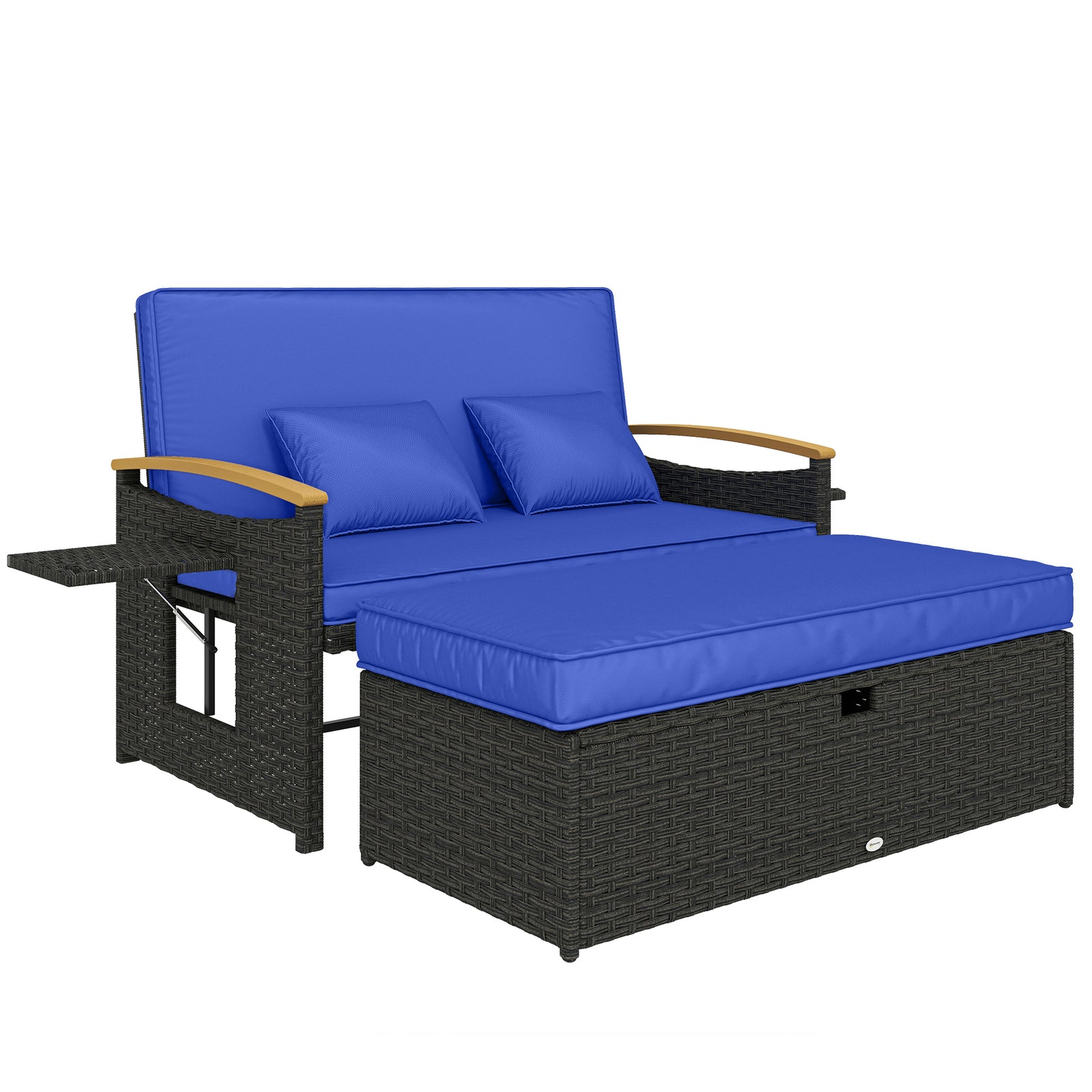 Double Garden Rattan Daybed With Storage Ottoman | Black & Blue