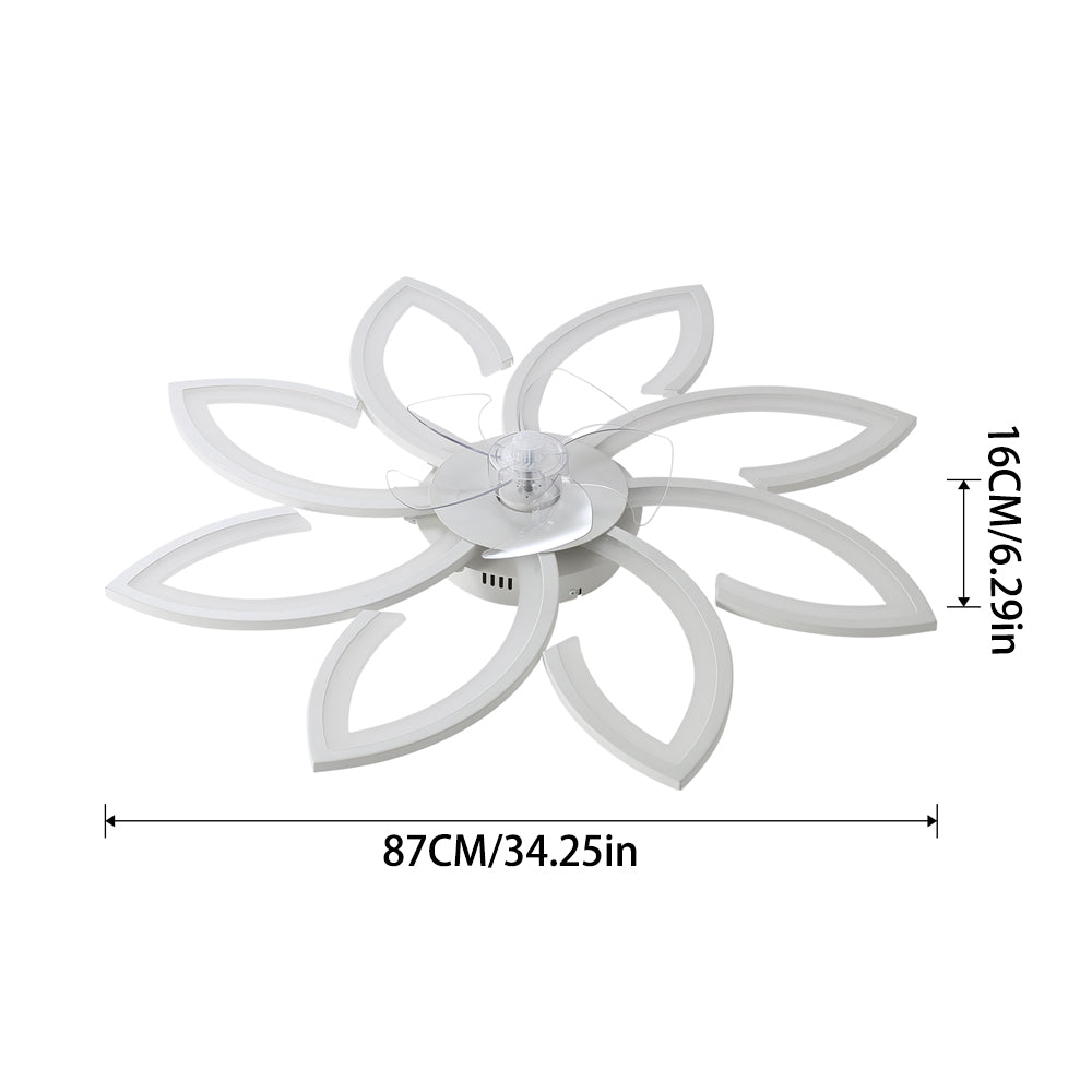 White 8-petal Ceiling Fan Light 3 Blades With 3-color Dimming, 6-speed ​, Remote Control, Timer & App Control