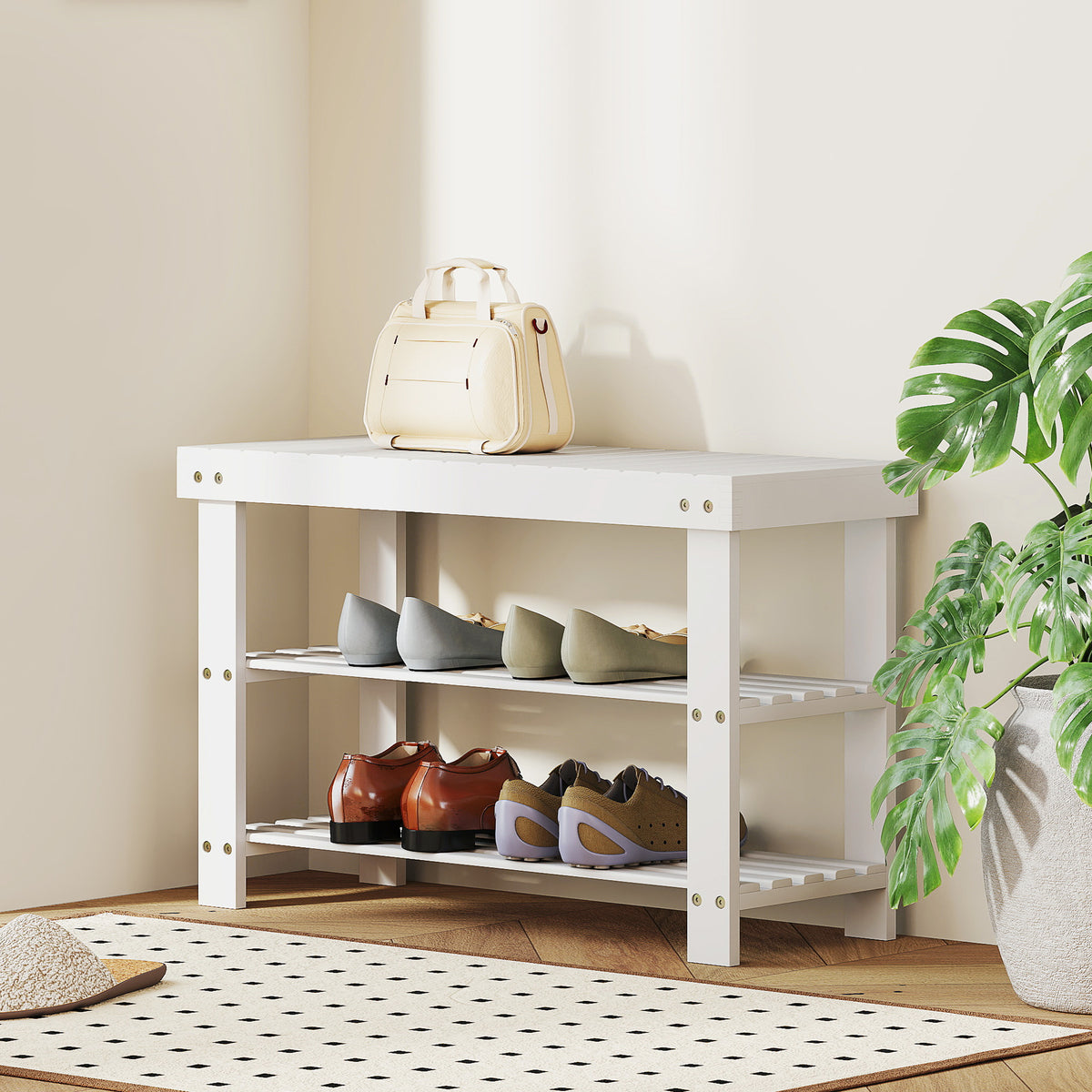 3-tier Bamboo Shoe Bench With 2 Shelves For Entryway | White