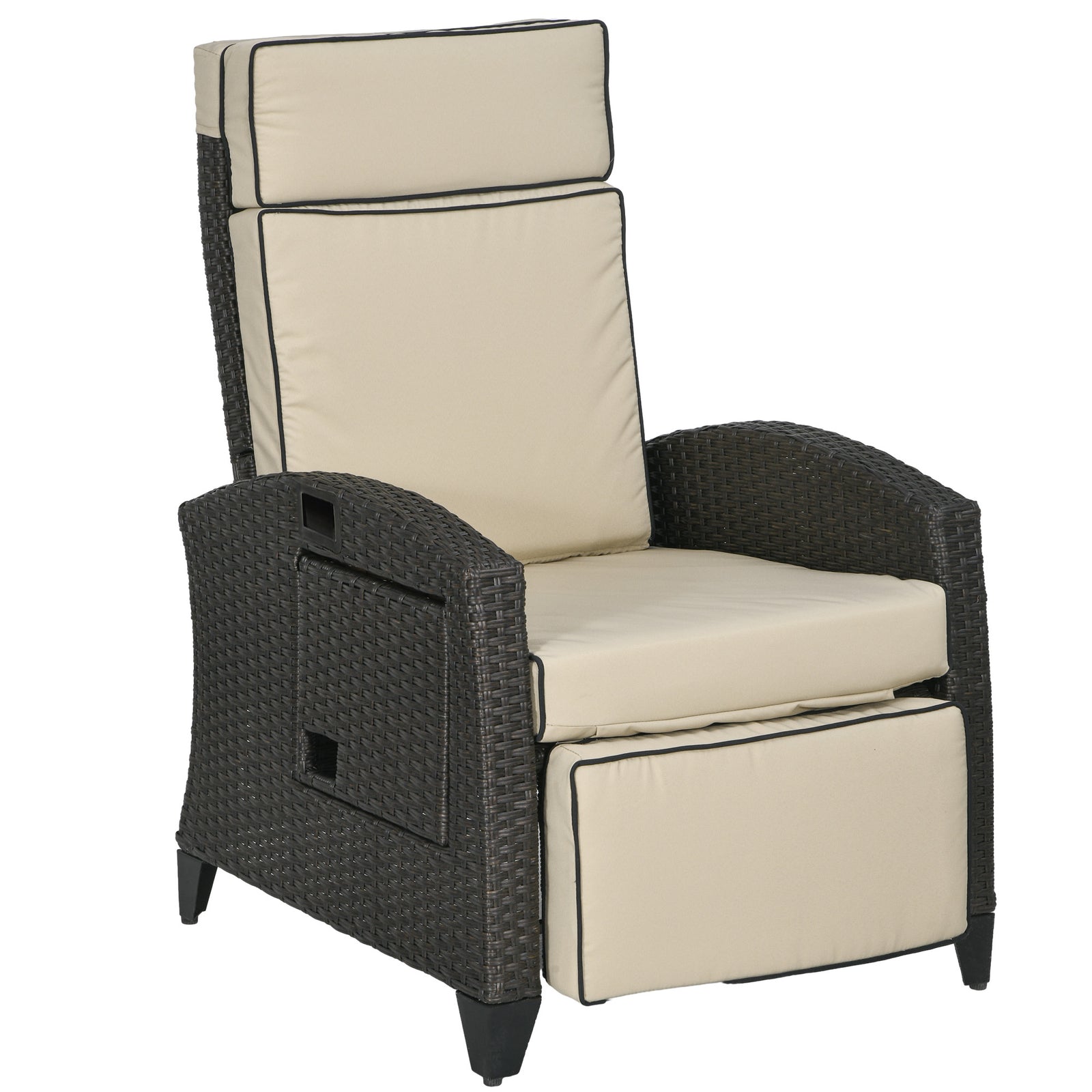 Outdoor Recliner Chair W/ Cushion, Pe Rattan Reclining | Khaki