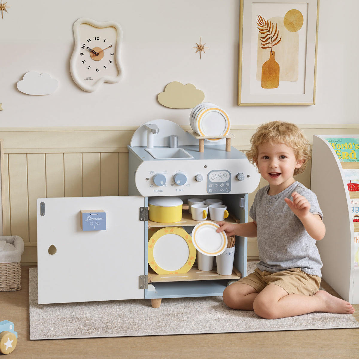 AIYAPLAY Wooden Dishwasher Playset, Kitchen Sink Toys With Accessories