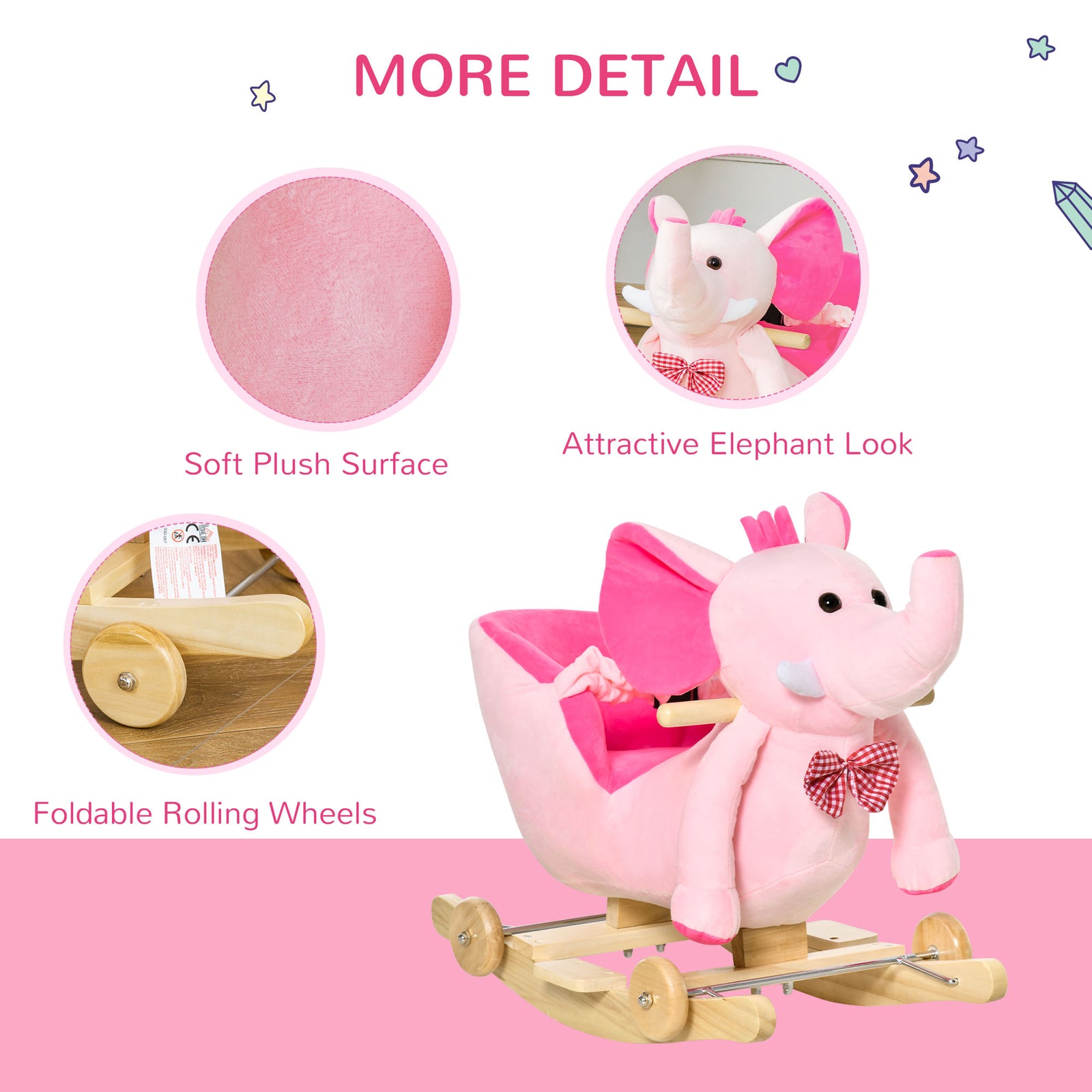 2-in-1 Baby Rocking Horse Ride On Elephant W/ Wheels Music | Pink